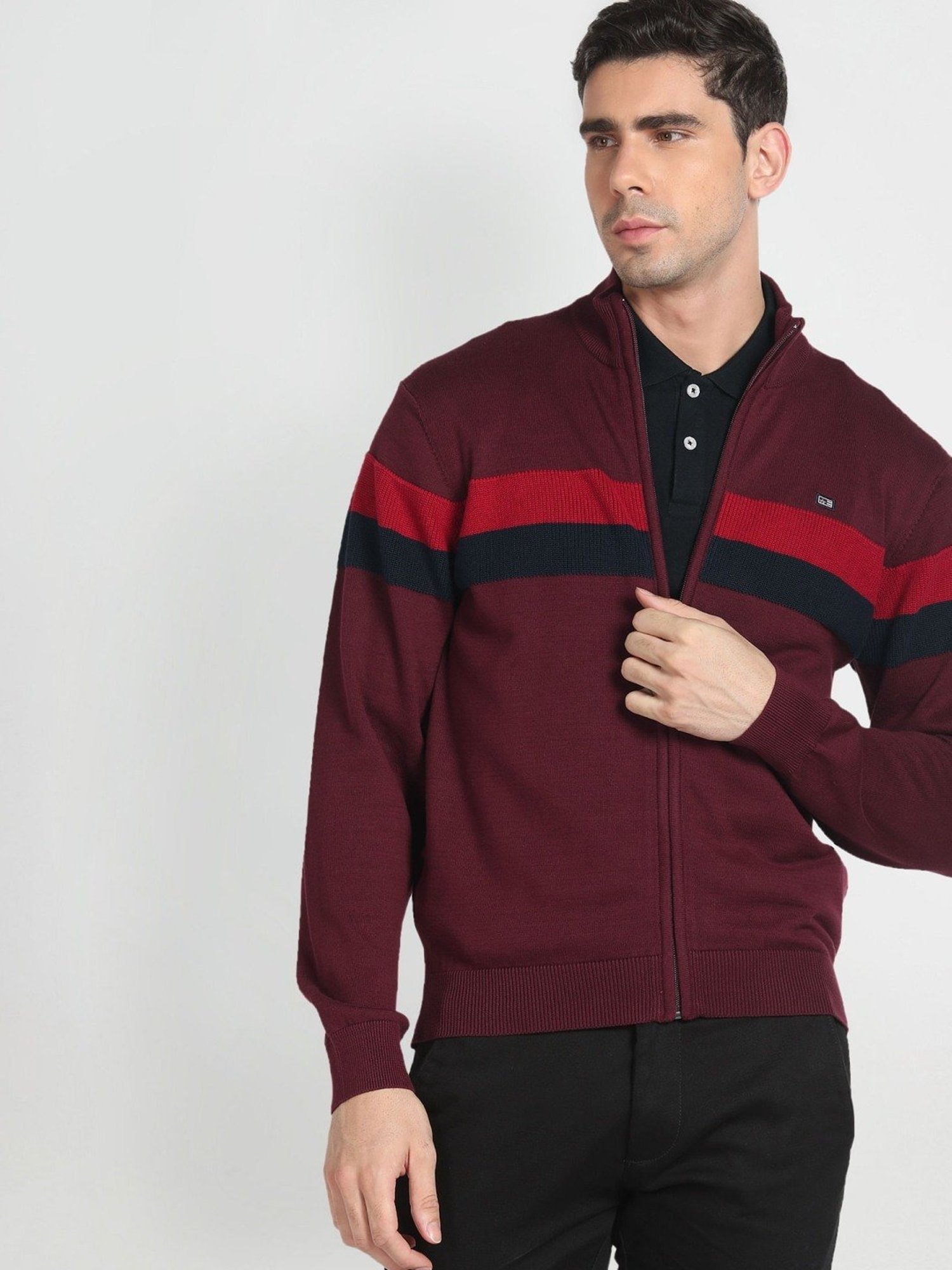 Arrow Sport Dark Red Cotton Regular Fit Striped Sweater