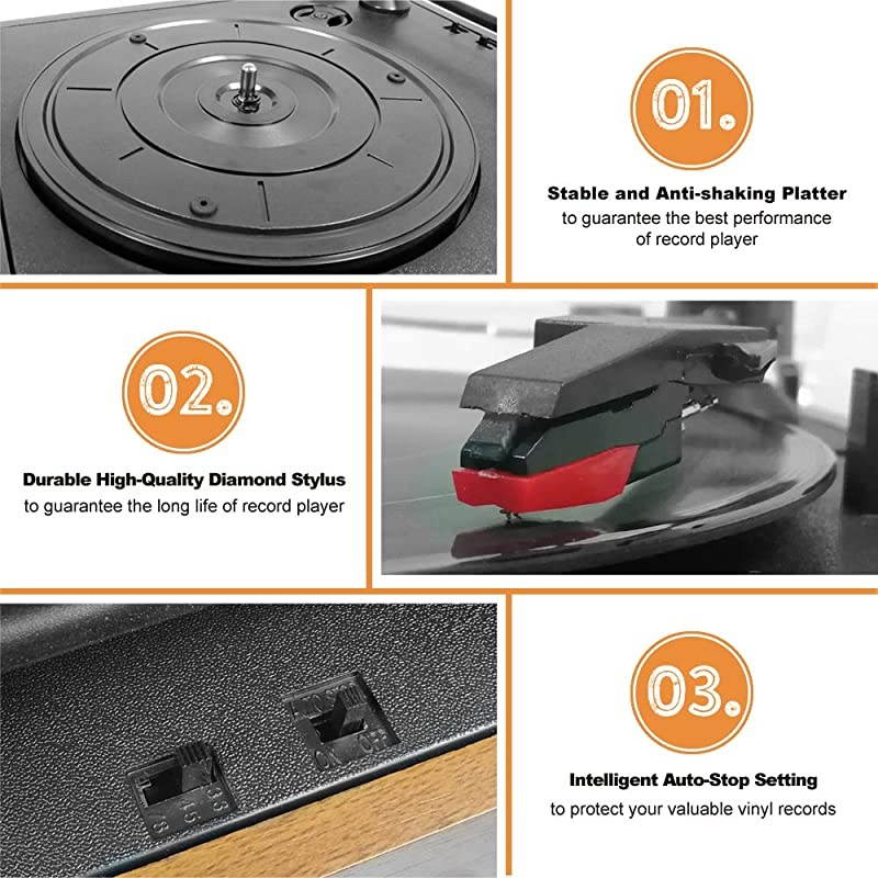 3 Speed BeltDrive Bluetooth Turntable with Stereo Speakers Vintage Vinyl Record PlayerYellow Brown