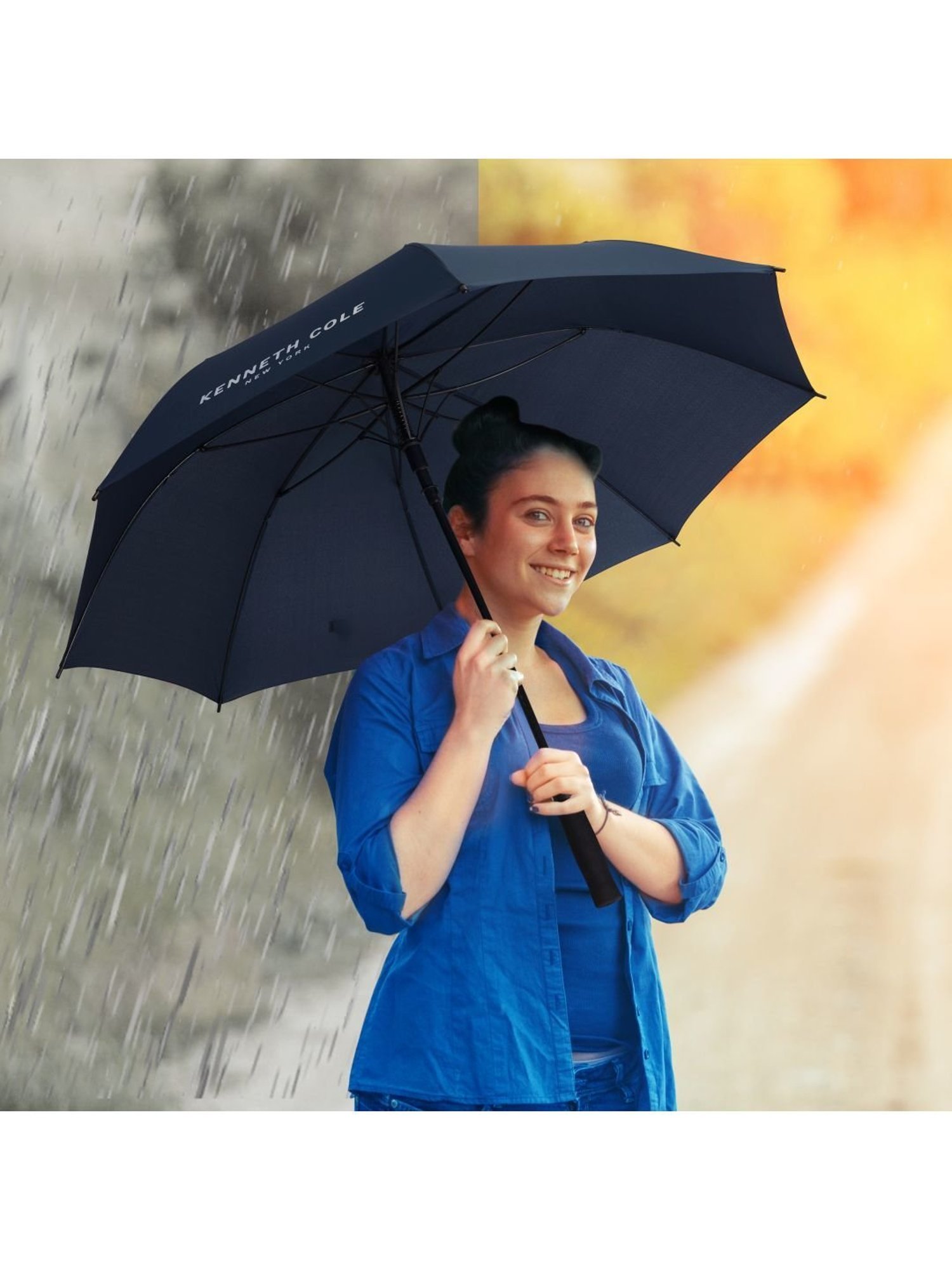 Kenneth Cole New York Automatic Golf UV & Rain Protection Navy Blue Umbrella