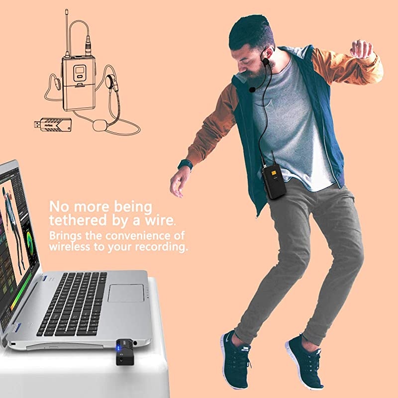 Wireless Microphones for Computer USB Wireless Microphone System for PC and MacHeadset UHF Wireless System with USB ReceiverTransmitterHeadset and Clip Lavalier Lapel MicK031B