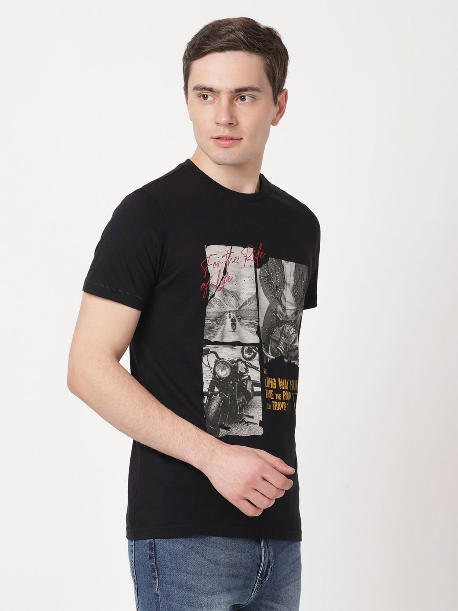 Wrangler Jet Black Cotton Regular Fit Printed T-Shirt