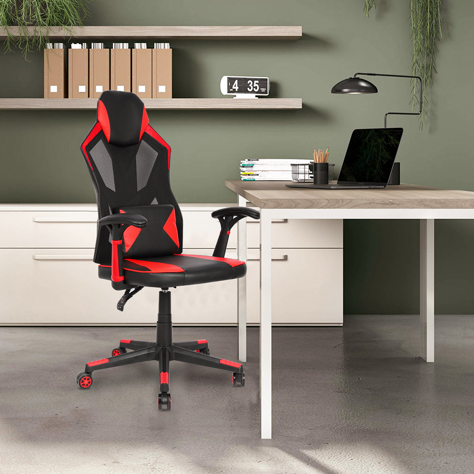 YOUTHUP Office Chair Functional Ergonomic Leather Gaming Chair Swivel Rolling Computer Desk Chair with Lumbar Support,Black and Grey