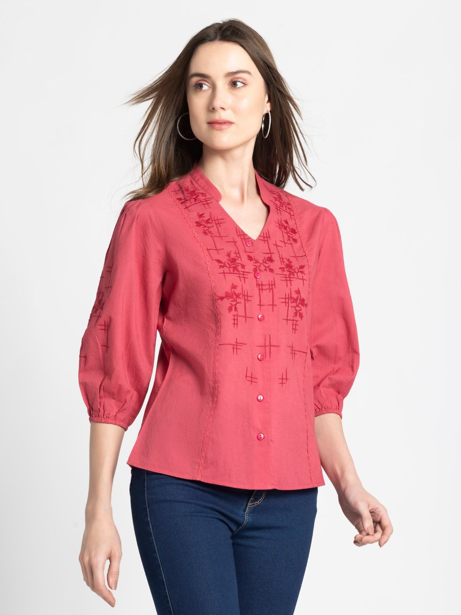 SHAYE Coral Cotton Embroidered Top