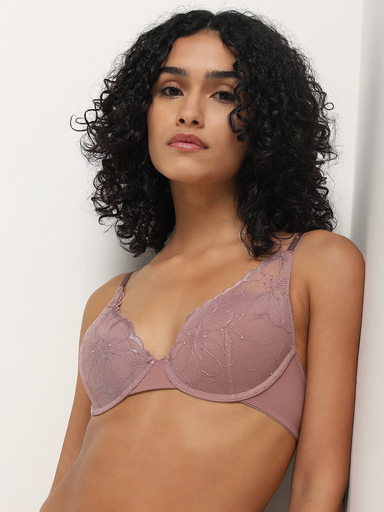 Wunderlove by Westside Mauve Floral Embroidered Plunge Wired Bra