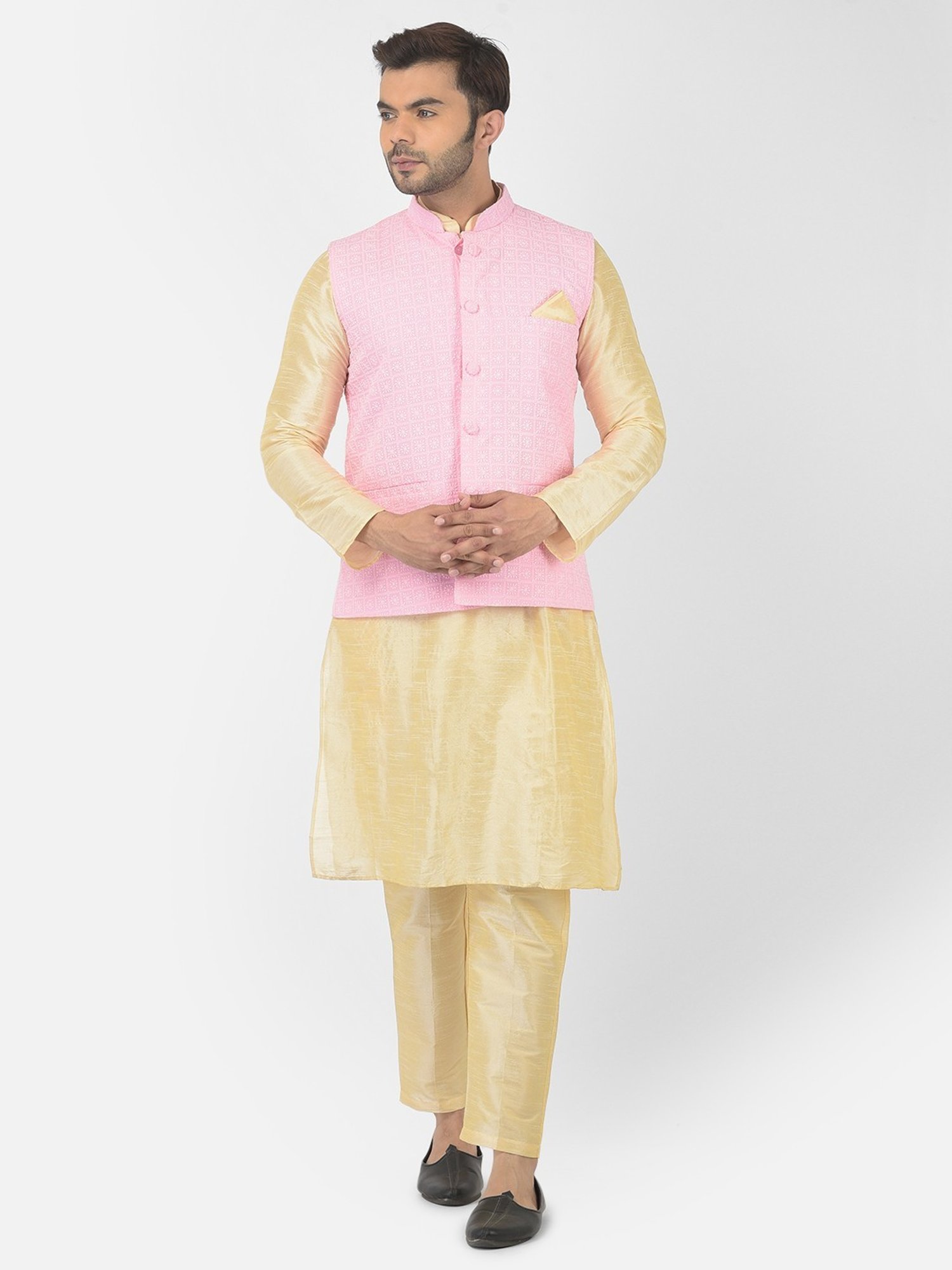 Deyann Pink & Yellow Regular Fit Embroidered Kurta Set With Jacket