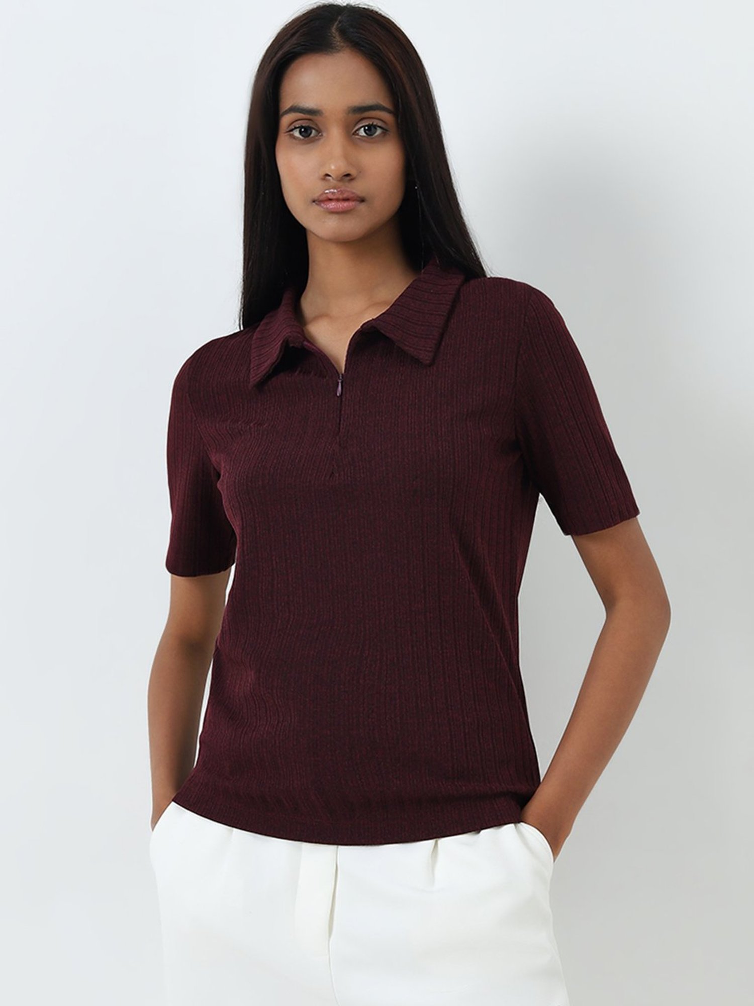 Wardrobe by Westside Burgundy Self-Striped Top