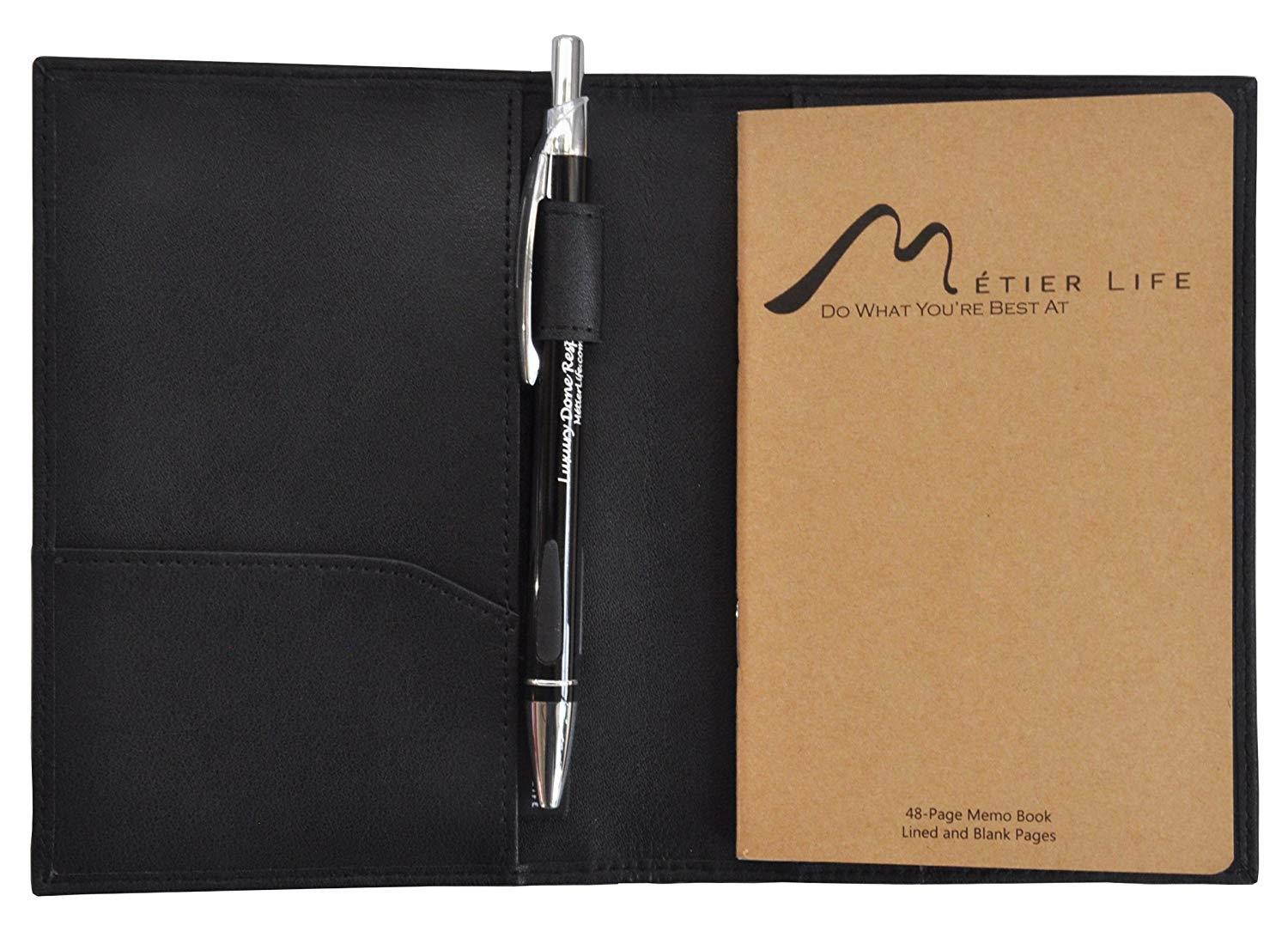 Field Notes/Moleskine Pocket Notebook Cover by Metier Life | Canvas with Vegan Leather | Fits Journals 3.5" X 5.5" | With Included Metier Life Notebook and Metier Pen (Vegan Leather Black)