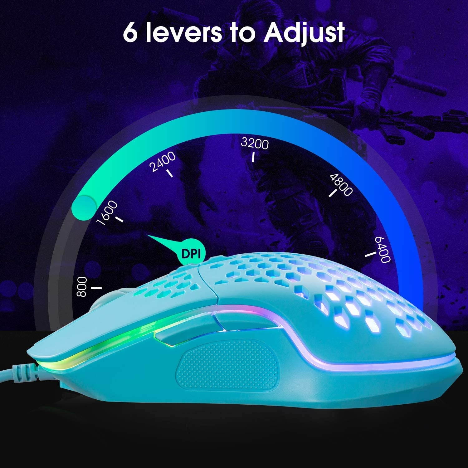 Lightweight Gaming MouseRGB Chroma LED Light Wired USB Mouse with Lightweight Honeycomb Shell 6400 DPI Adjustable 7 Programmed Button Ergonomic Optical Computer Gamer Gaming Mice for Mac PC Laptop