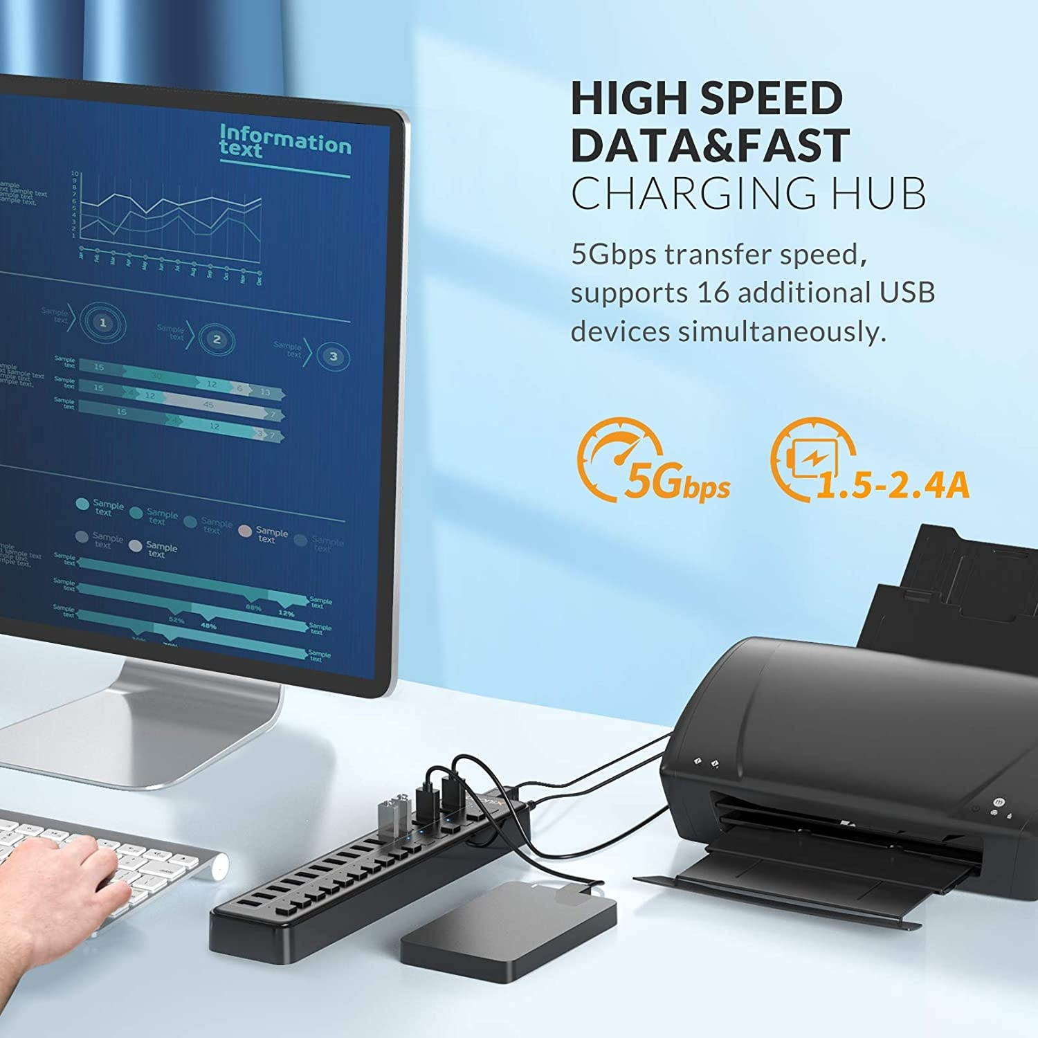 iDsonix USB 3.0 Hub 16-Port 12V / 6.5A Powered USB Hub with Individual Switches 5Gbps High Speed Transfer BC1.2 (5V2.4A) Fast Charge USB Splitter for Laptop PC HDD SDD and More -Black