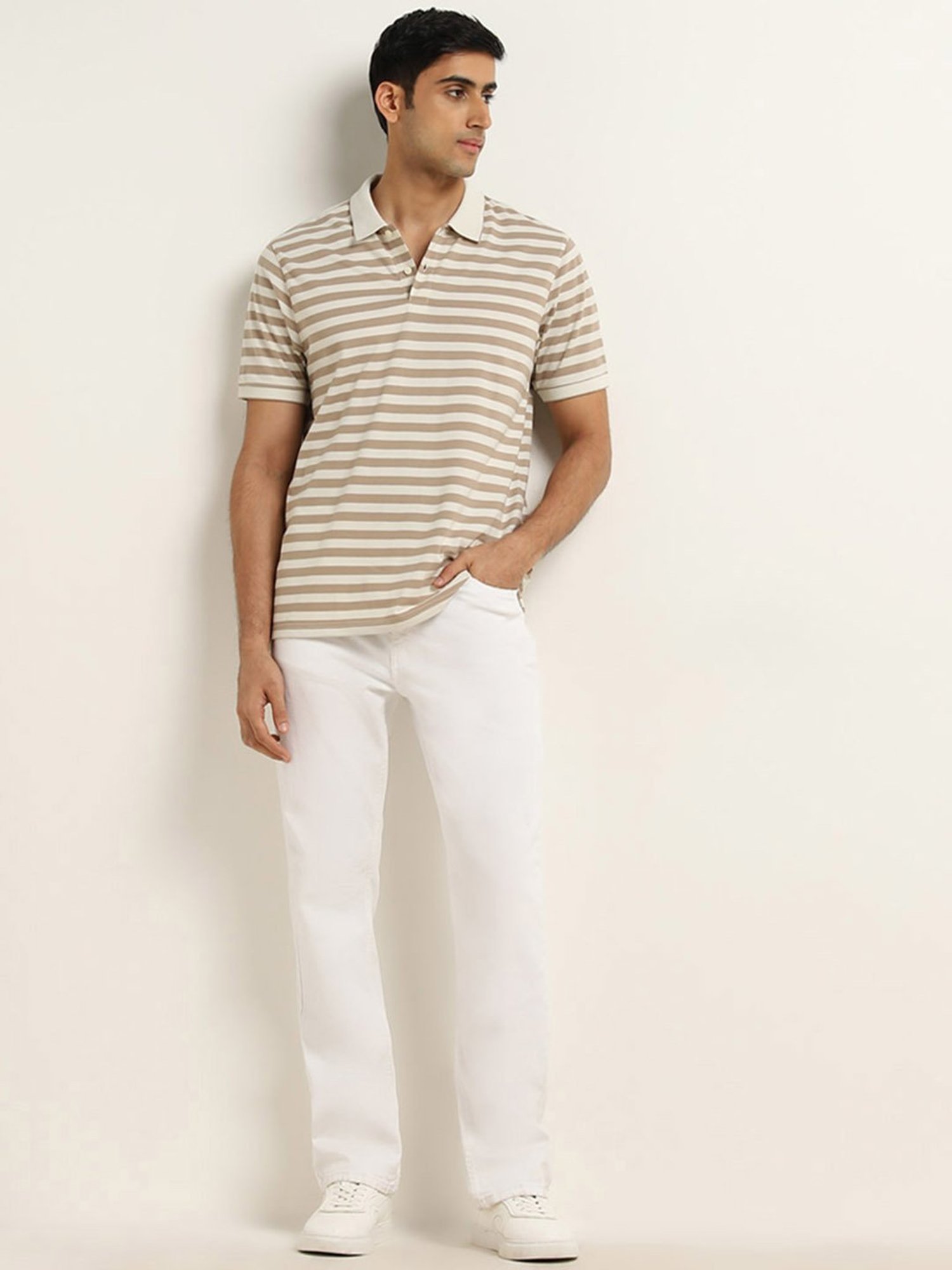 WES Casuals by Westside Beige Striped Relaxed-Fit Polo T-Shirt