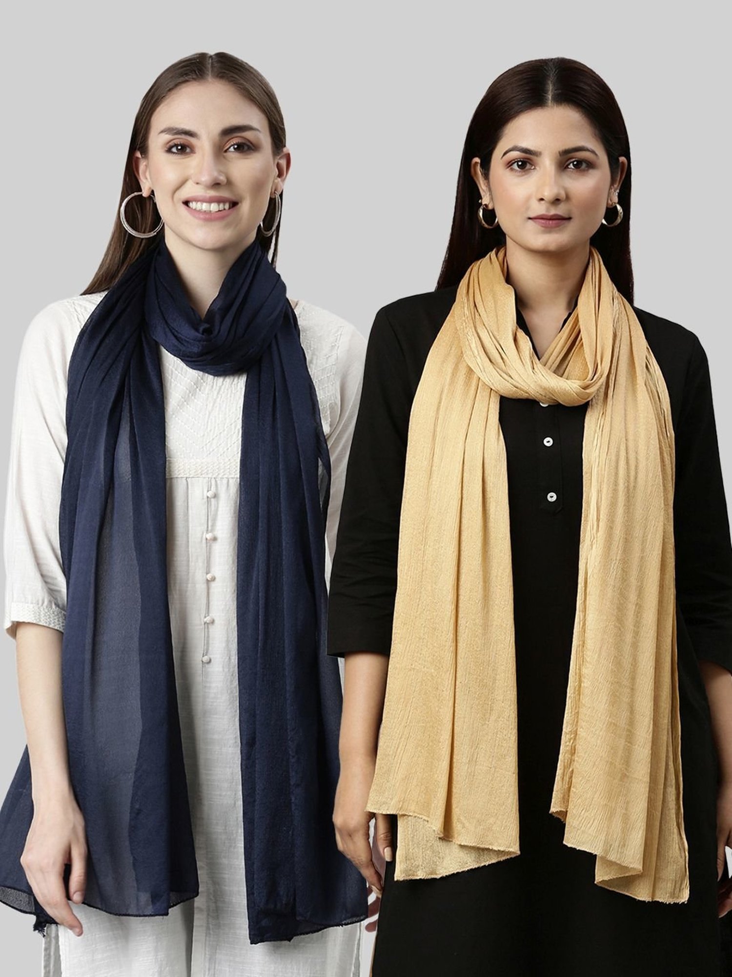 TWIN BIRDS Navy & Golden Plain Dupatta - Pack Of 2