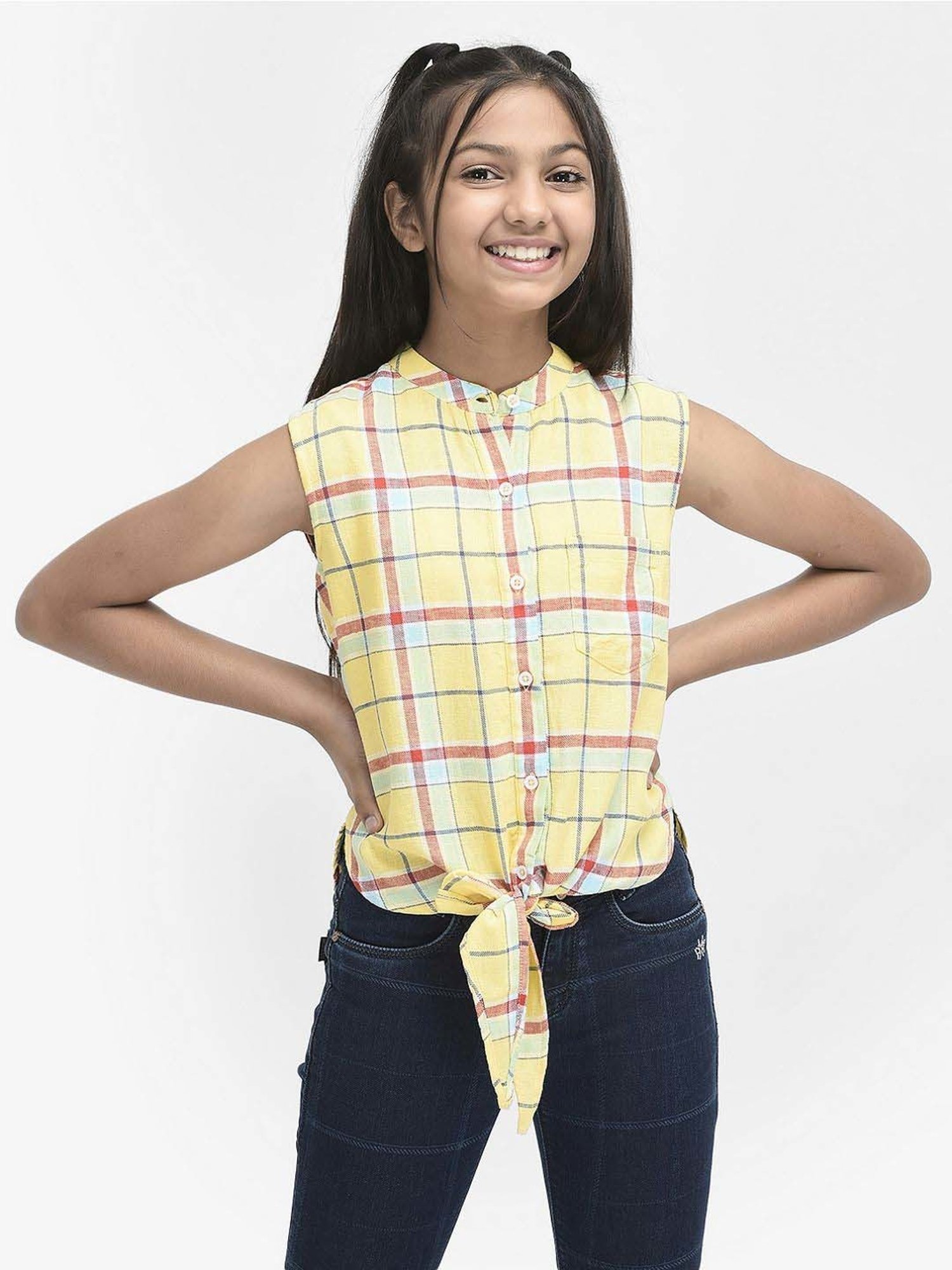 Crimsoune Club Girls Yellow & Red Checks Shirt