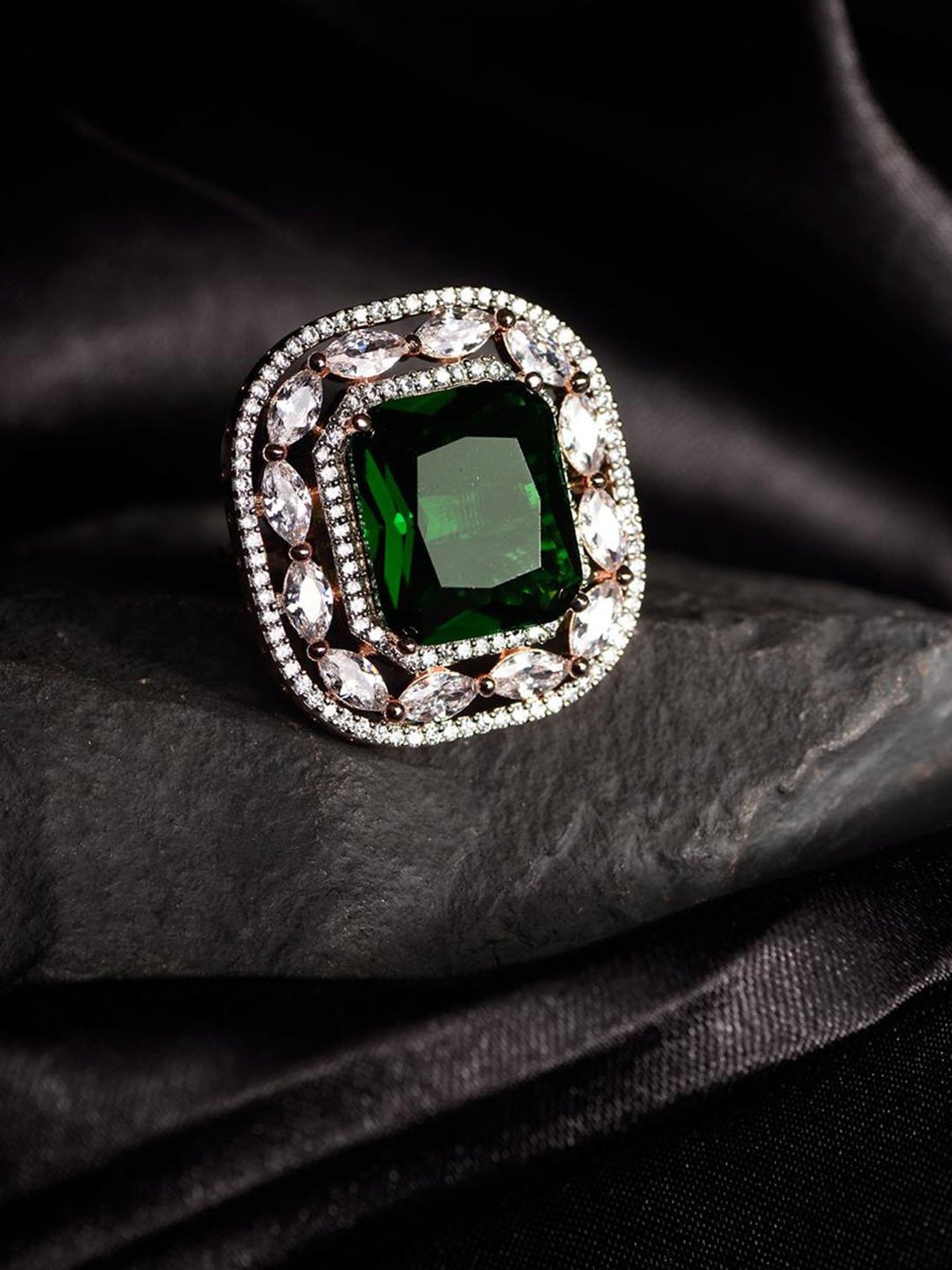 Saraf RS Jewellery Rose Gold Emerald Green Studded Adjustable Statement Cocktail Finger Ring