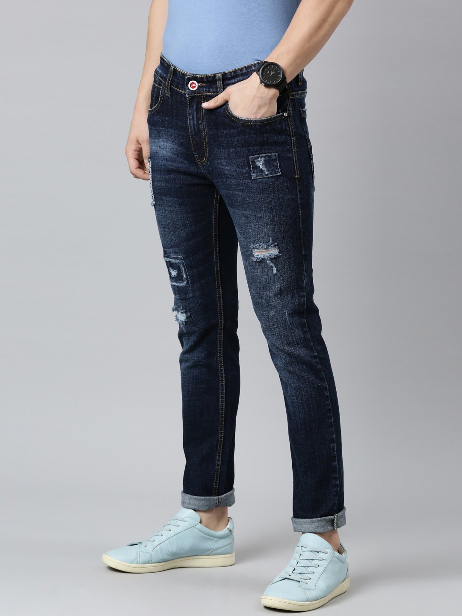 CINOCCI Cobalt Blue Cotton Slim Fit Distressed Jeans