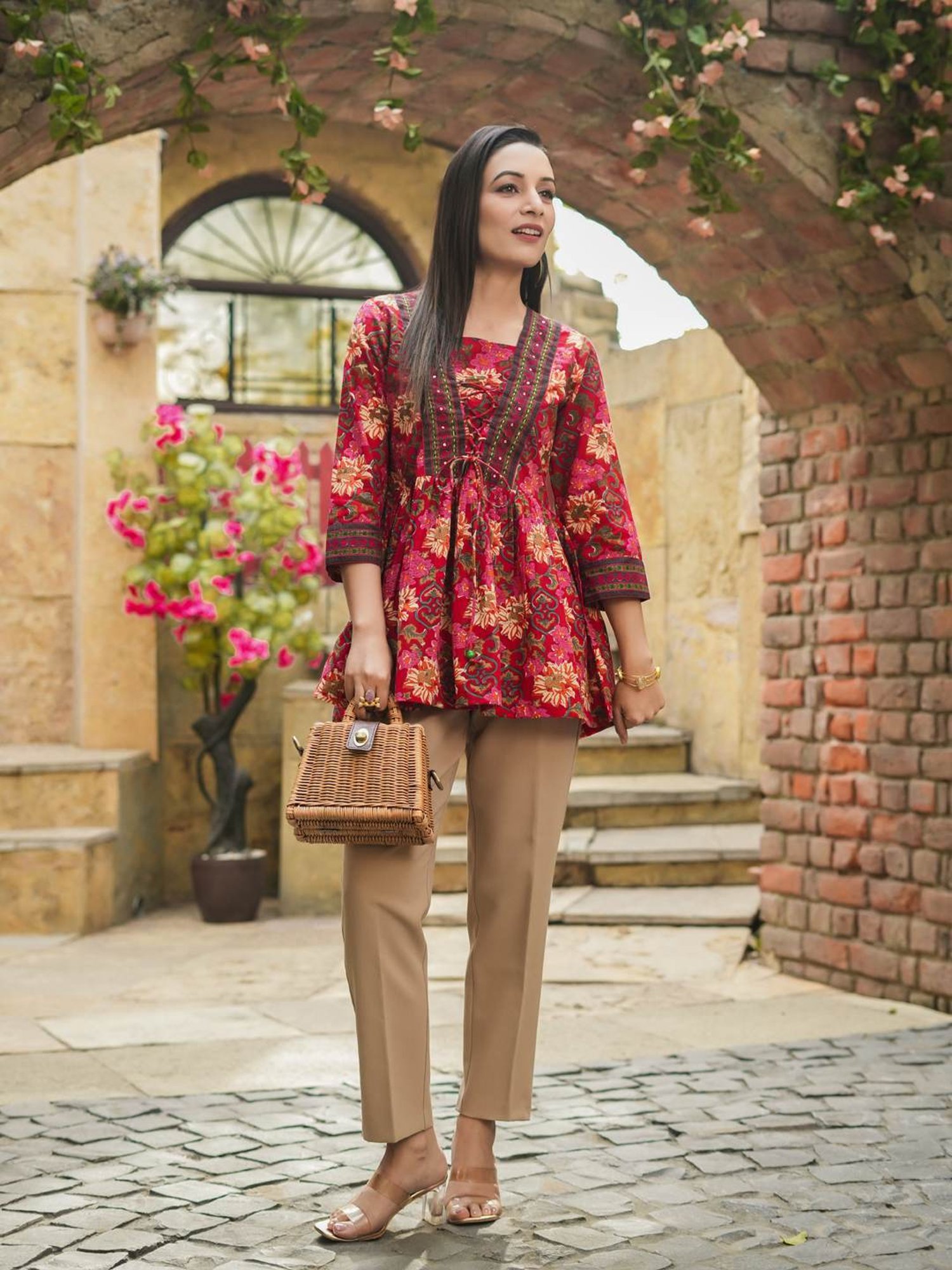 Rain and Rainbow Red Cotton Floral Print Top