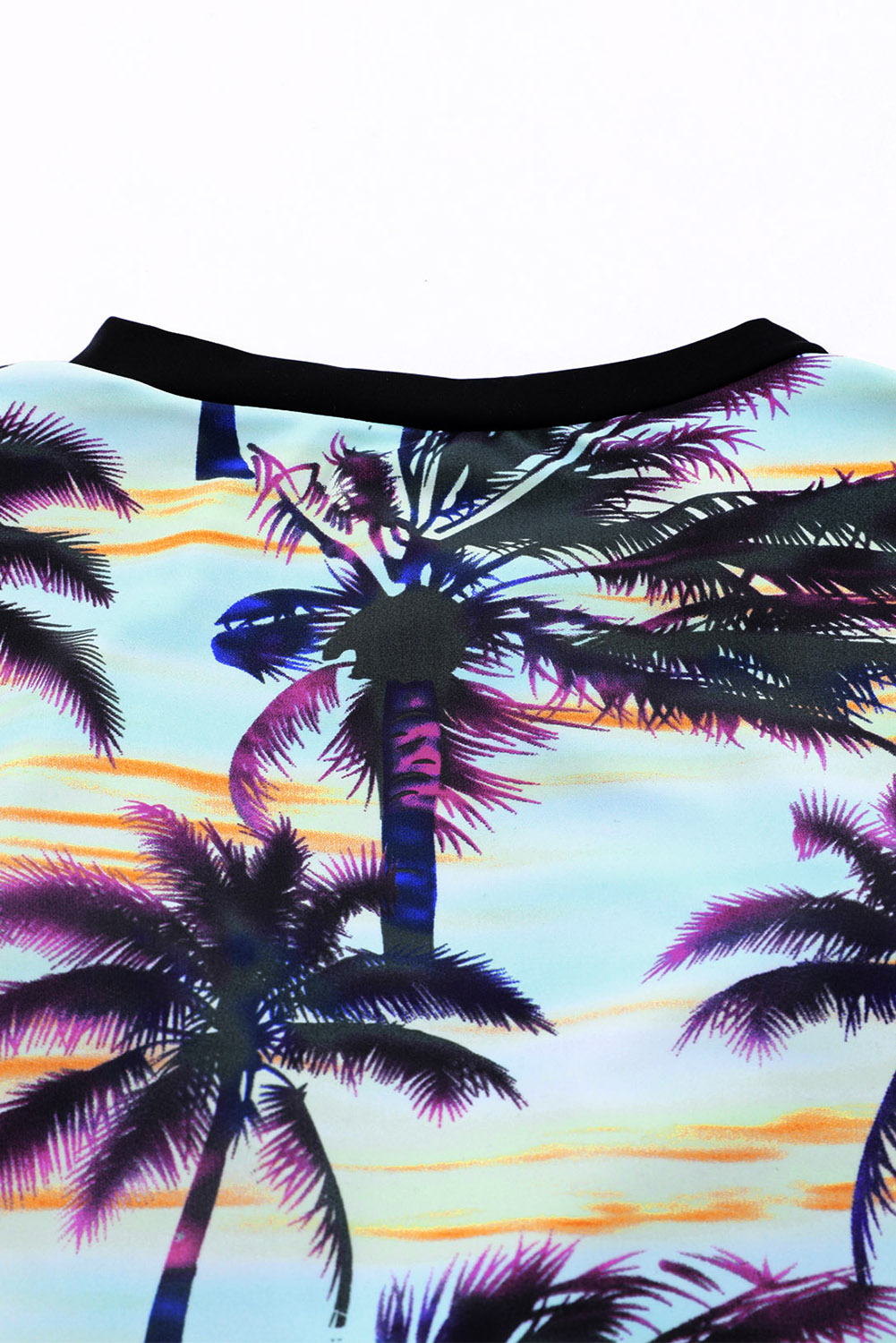 Black Plant Print Zip Front Half Sleeve One Piece Swimsuit