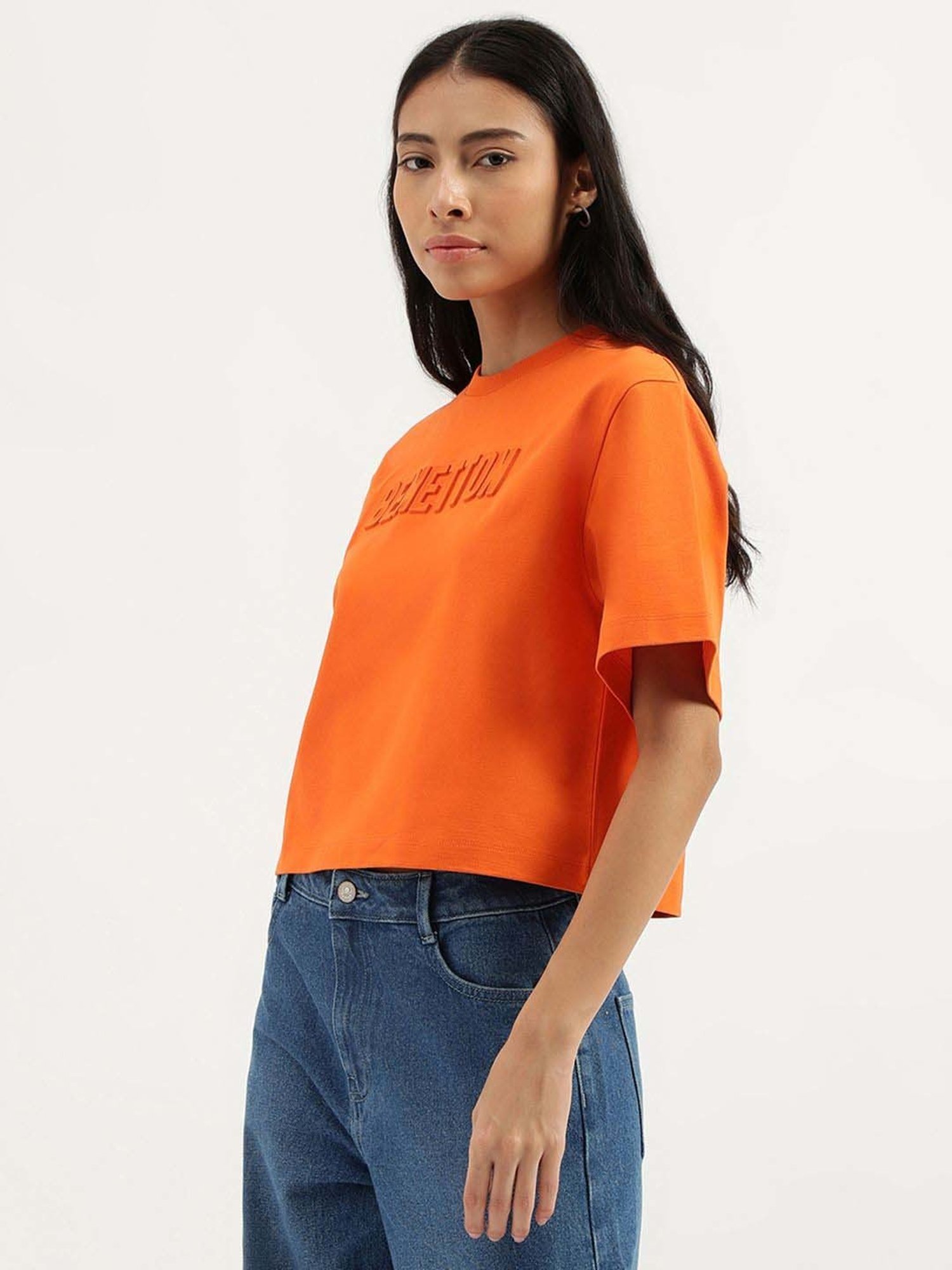 United Colors of Benetton Orange Cotton Debossed T-Shirt