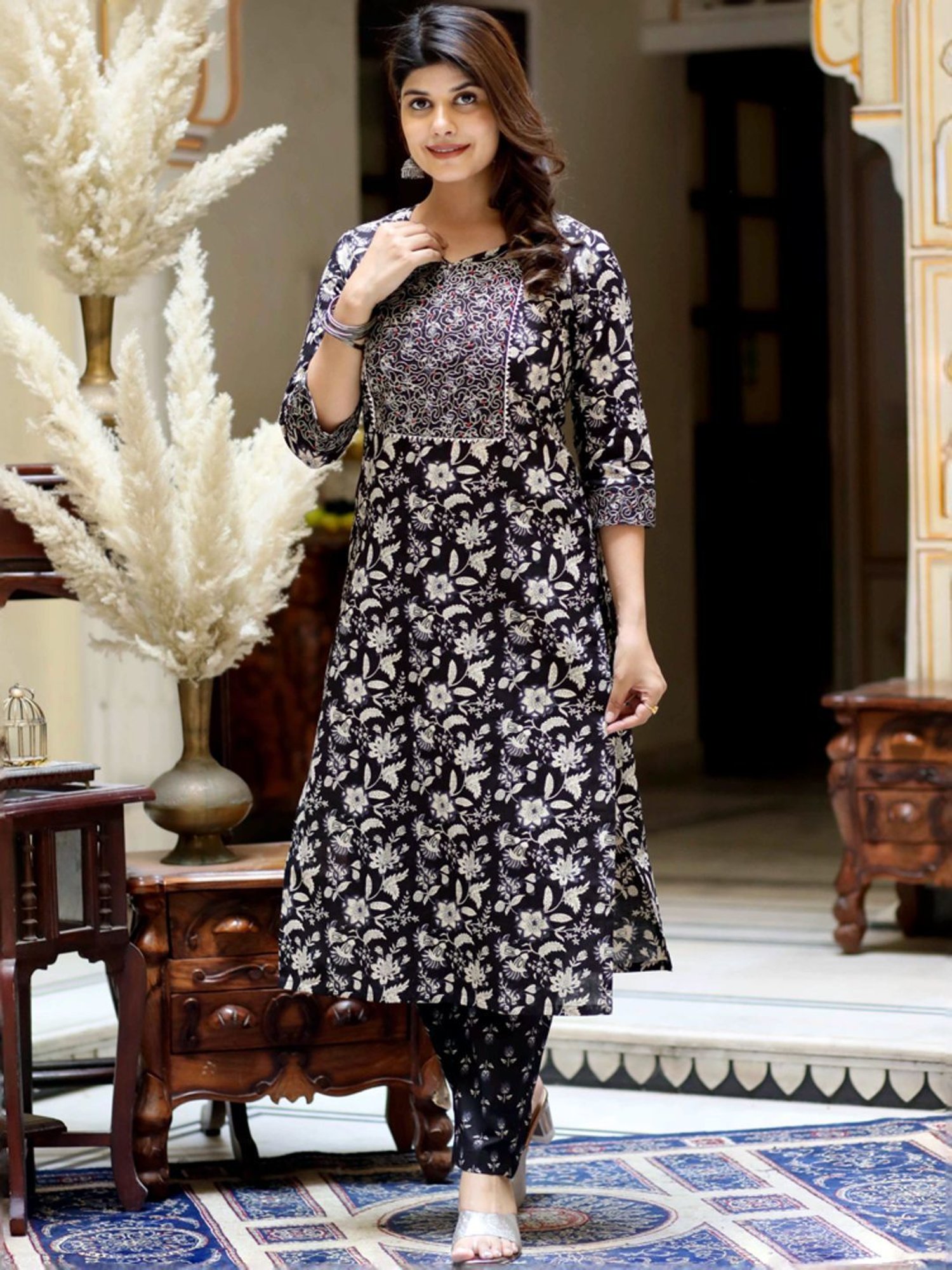 Miravan Black Cotton Embroidered Kurta Pant Set