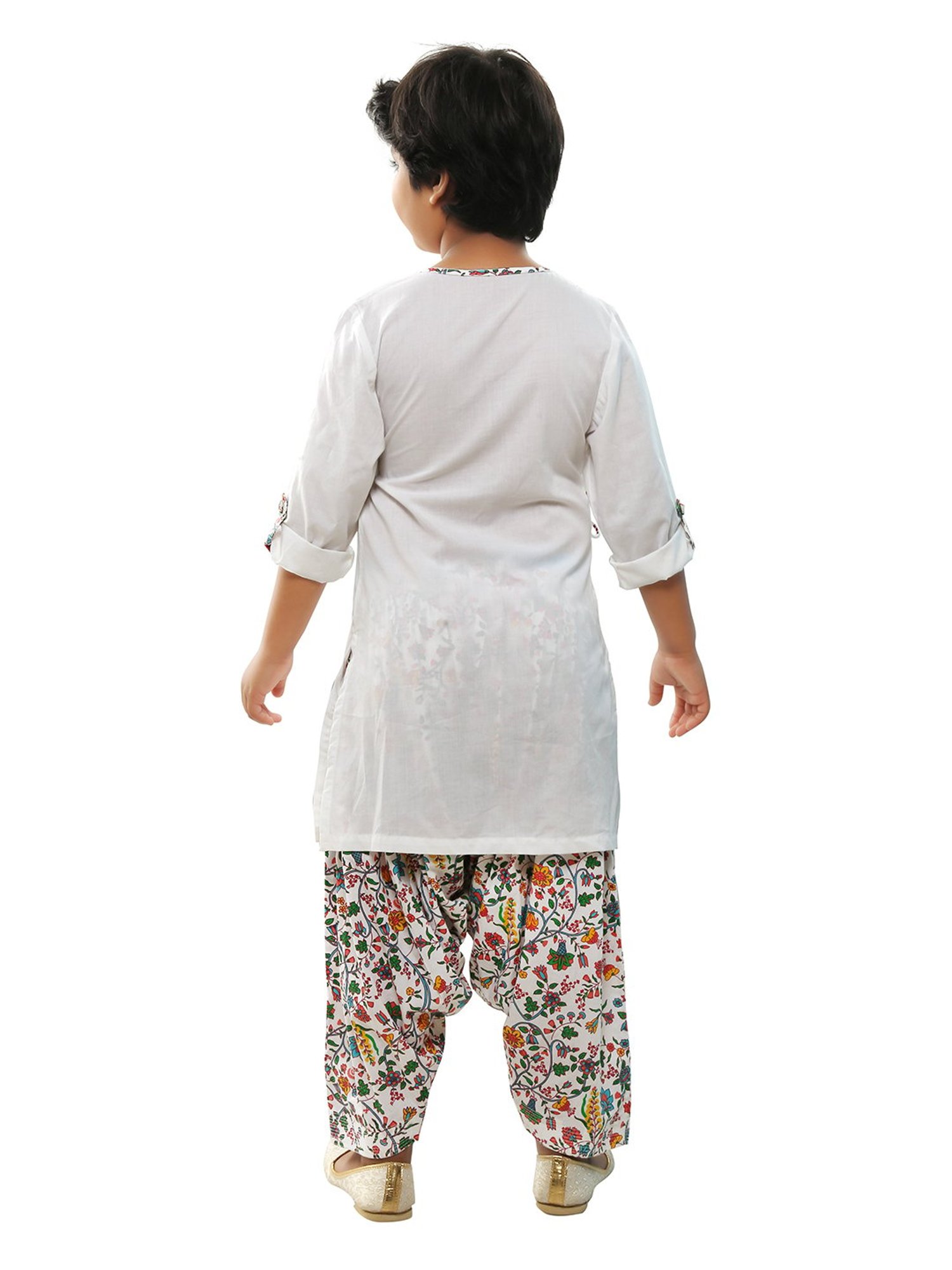 Nino Bambino Kids White Printed Full Sleeves Angrakha Kurta with Salwar