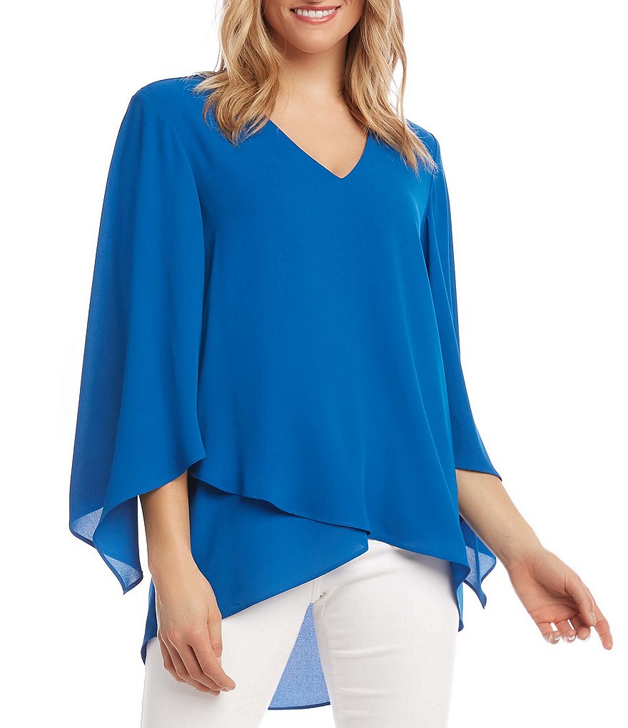 Karen Kane Crossover Hem Asymmetric Angle Sleeve V-Neck Crepe Top