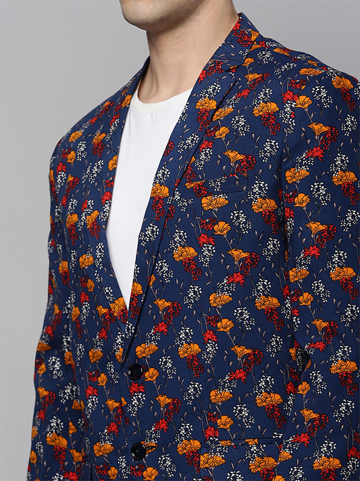 SHOWOFF Navy Blue Cotton Slim Fit Floral Print Blazer