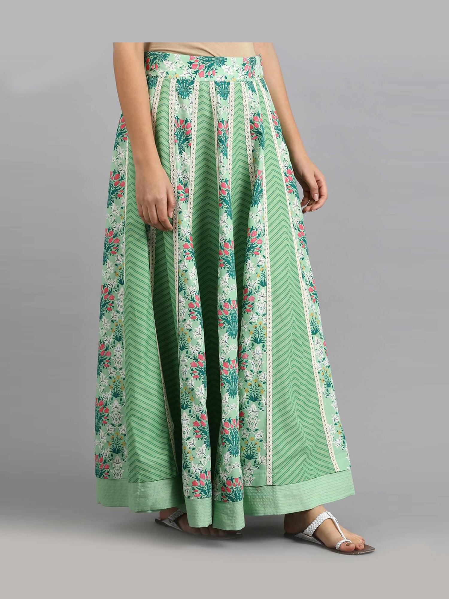 W Green Floral Print Lehenga Skirt