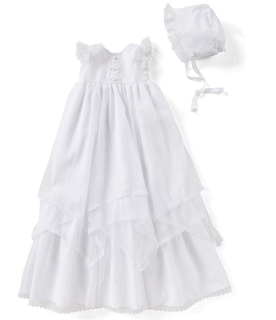 Pippa & Julie Baby Girls Newborn-9 Months Tiered-Hem Christening Gown & Bonnet Hat Set