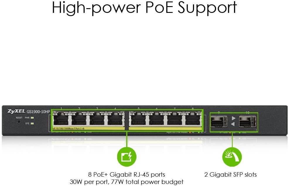 Zyxel GS1900-10HP GS1900-10HP 8-PRT GBE 2 Slots, GS1900-10HP-EU0101F (GS1900-10HP 8-PRT GBE 2 Slots)