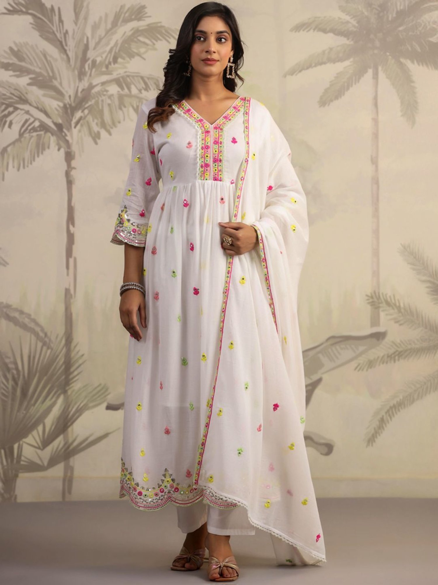 SCAKHI White Cotton Embroidered Kurta Pant Set With Dupatta