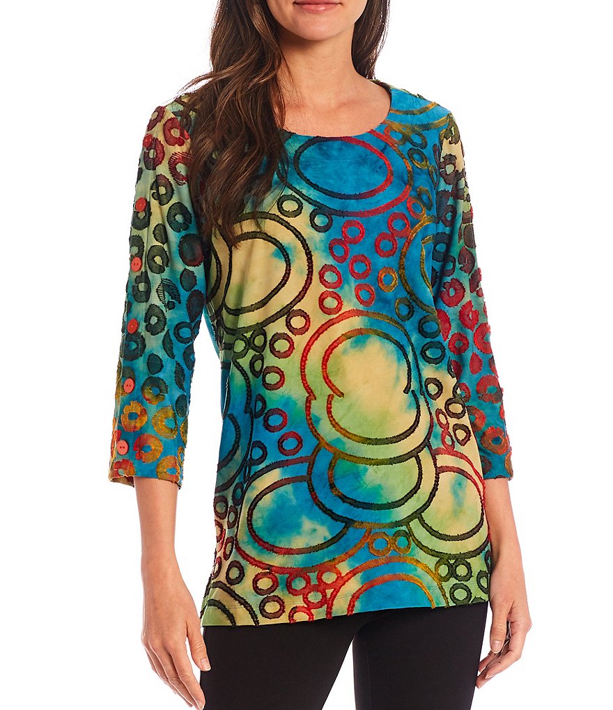 Ali Miles Jewel Neck 3/4 Sleeve Tie-Dye Chenille Tunic