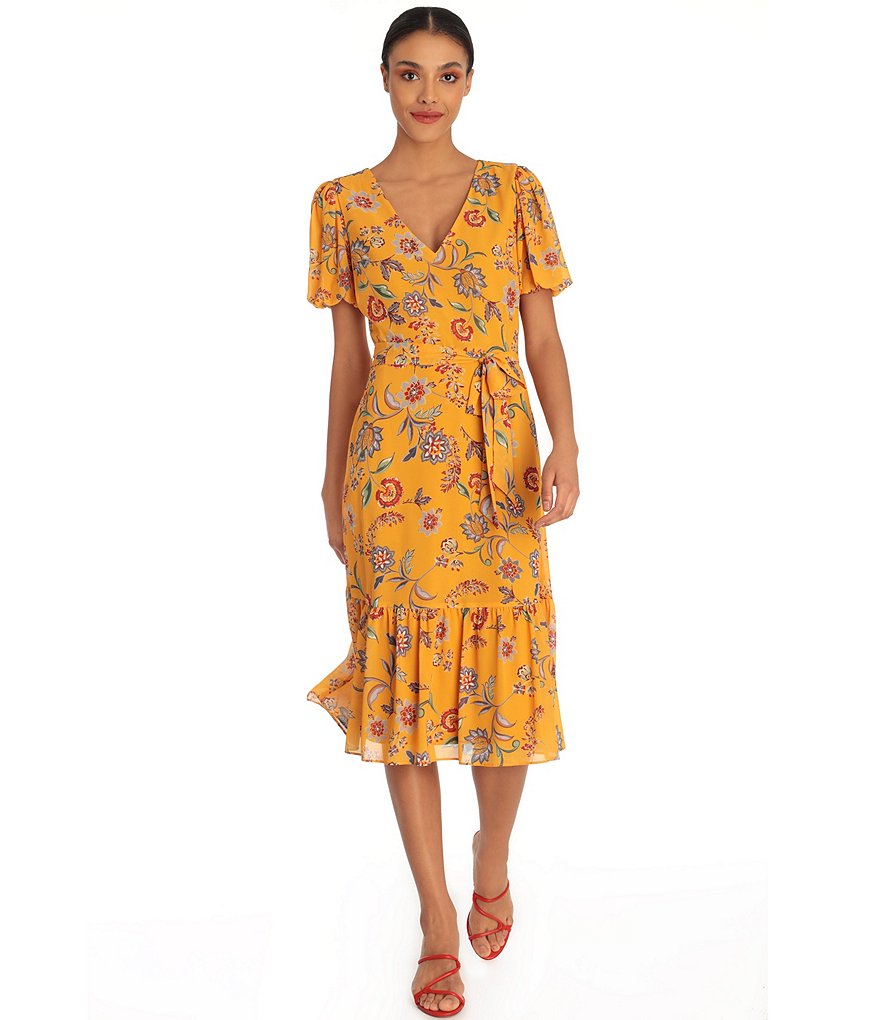 Donna Morgan Floral Chiffon Flounce Hem Short Bubble Sleeve Dress