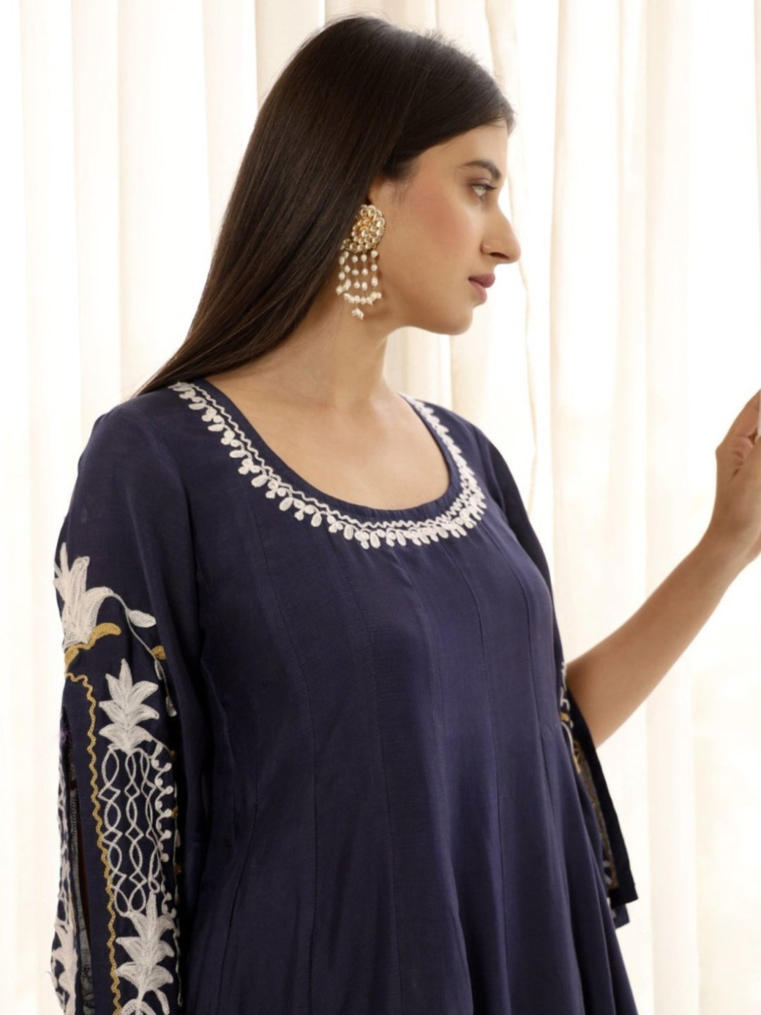 Asrumo Blue Adah Monsoon Aari Embroidered Anarkali Kurta with Pant and Dupatta