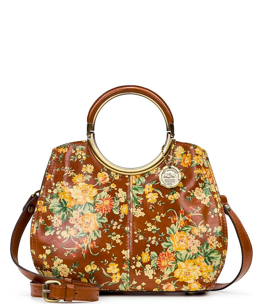Patricia Nash Vintage Botanical Collection Aria Leather Ring Handles Floral Satchel Bag