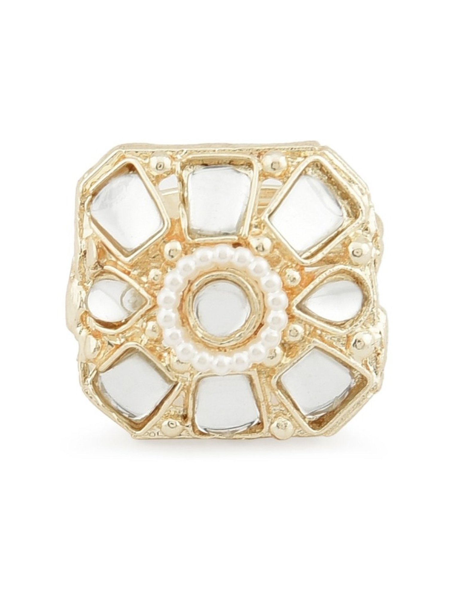 Zaveri Pearls Gold Tone Kundan & Pearls Necklace, Earring, Maangtikka & Ring Set