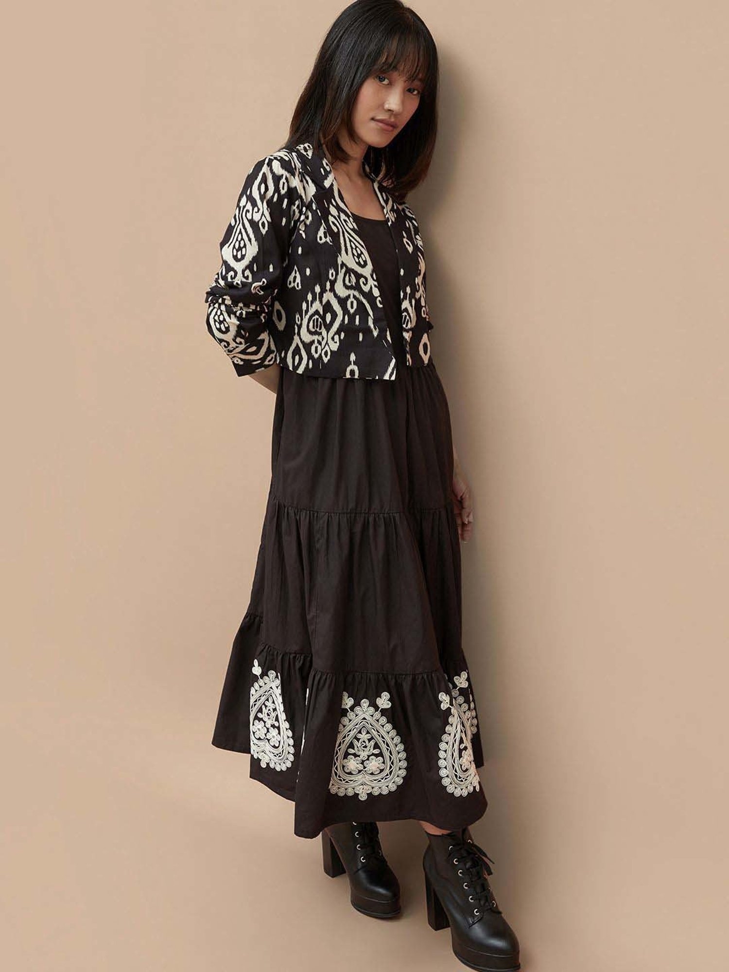 Colour Me by Melange Black Cotton Embroidered Maxi Dress With Jacket
