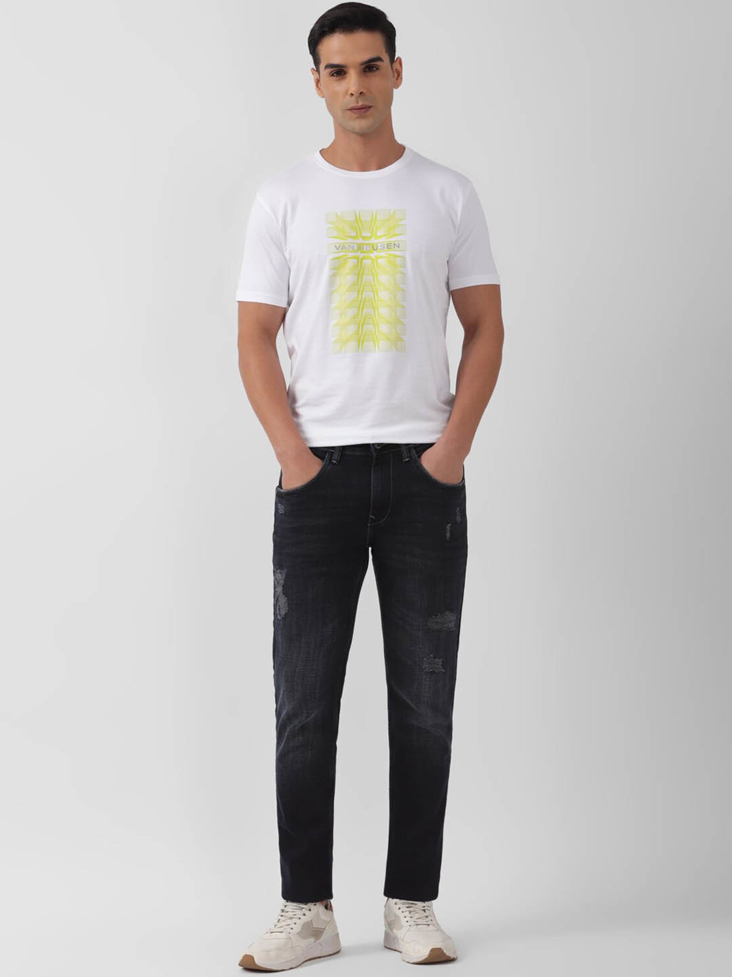 V Dot White Cotton Slim Fit Printed T-Shirt