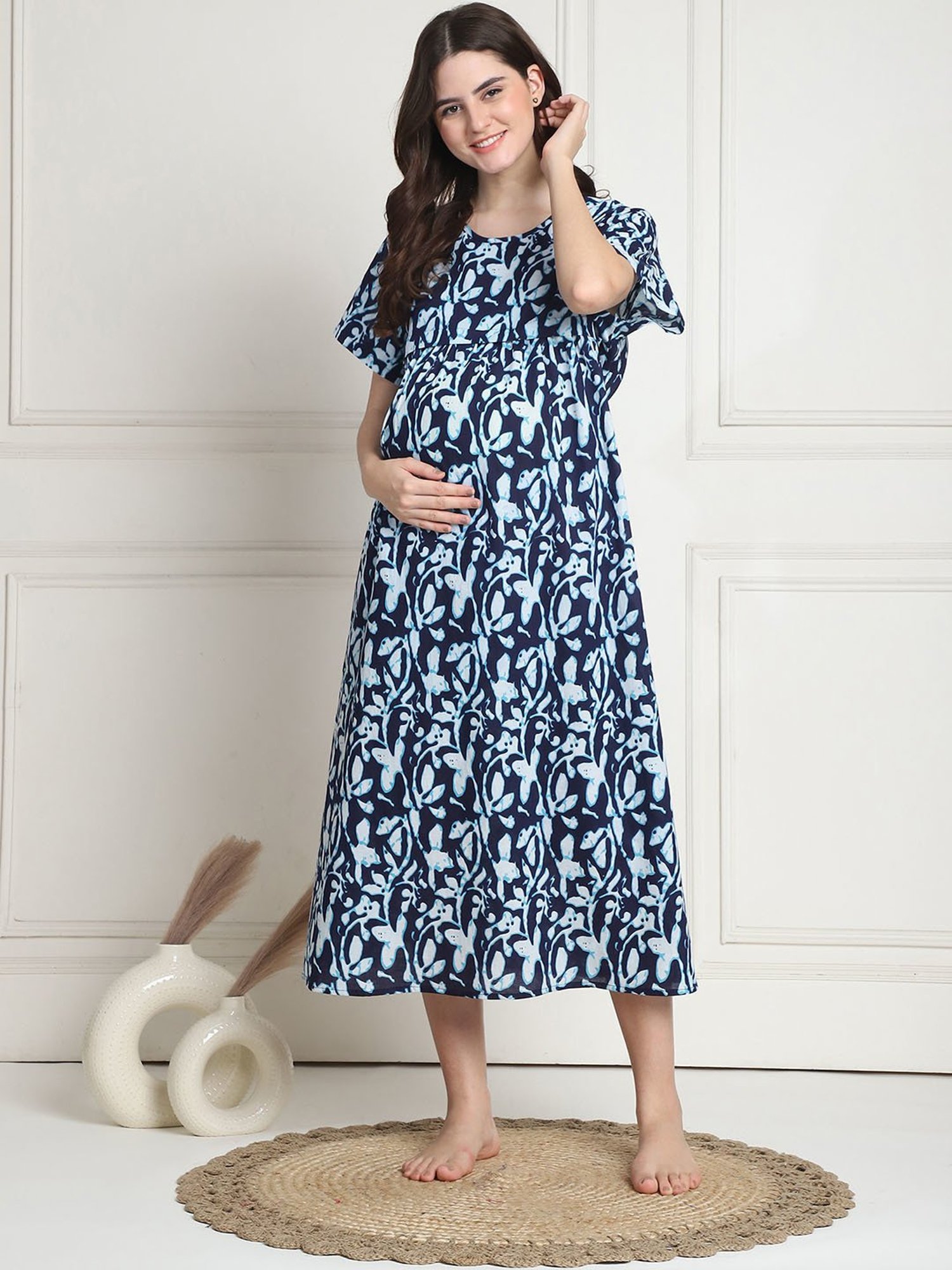 Secret Wish Navy Floral Print Maternity Night Dress