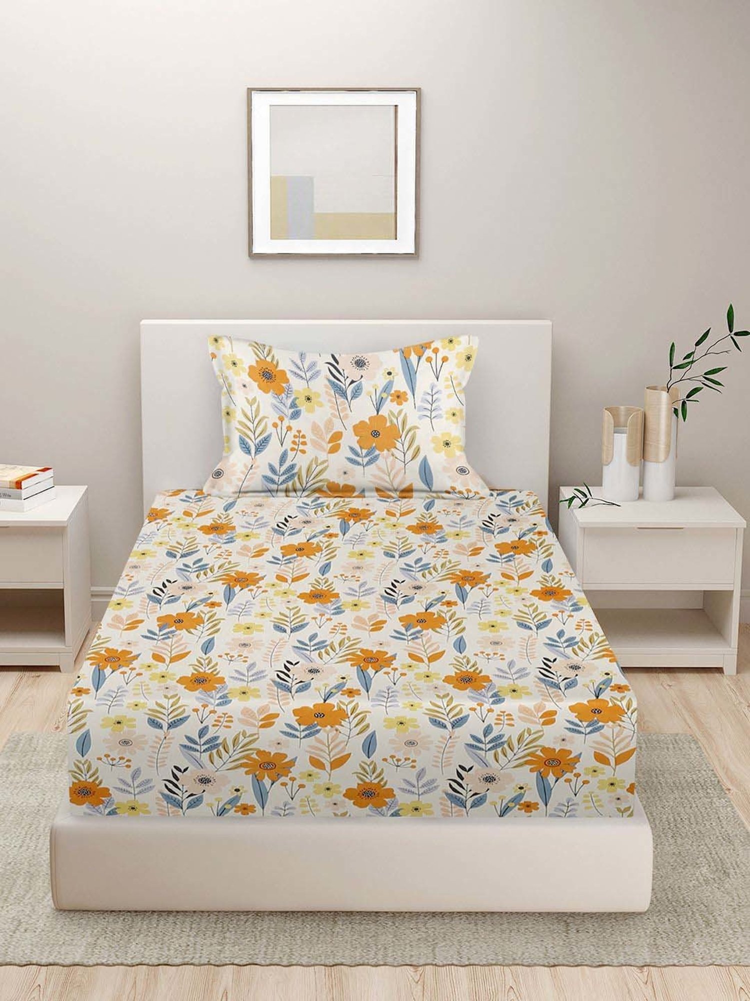 HOSTA HOMES White Cotton 280 TC Single Bedsheet with 1 Pillow cover