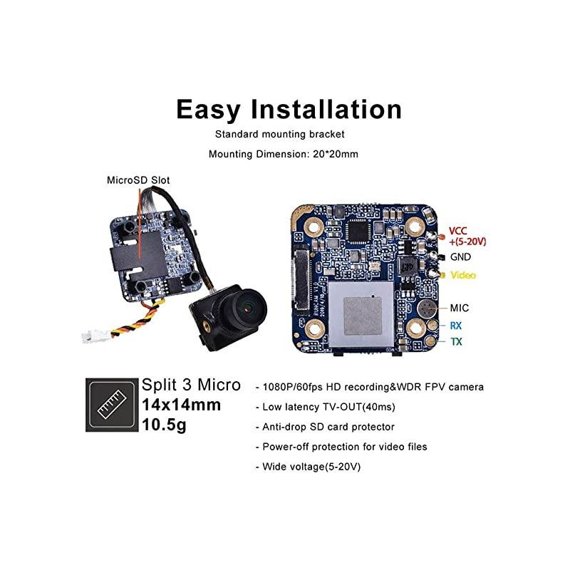 Split 3 Nano FPV Camera FOV 165 Degree DC 520V M12 Lens 1080P HD Recording WDR NTSC PAL Switchable for FPV Racing Drone Black