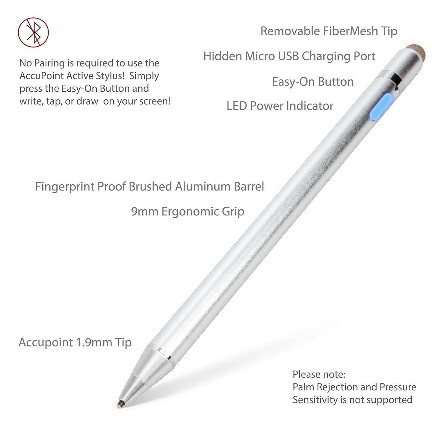 Dell P2418HT (23.8") Stylus Pen, BoxWave [AccuPoint Active Stylus] Electronic Stylus with Ultra Fine Tip for Dell P2418HT (23.8") - Metallic Silver