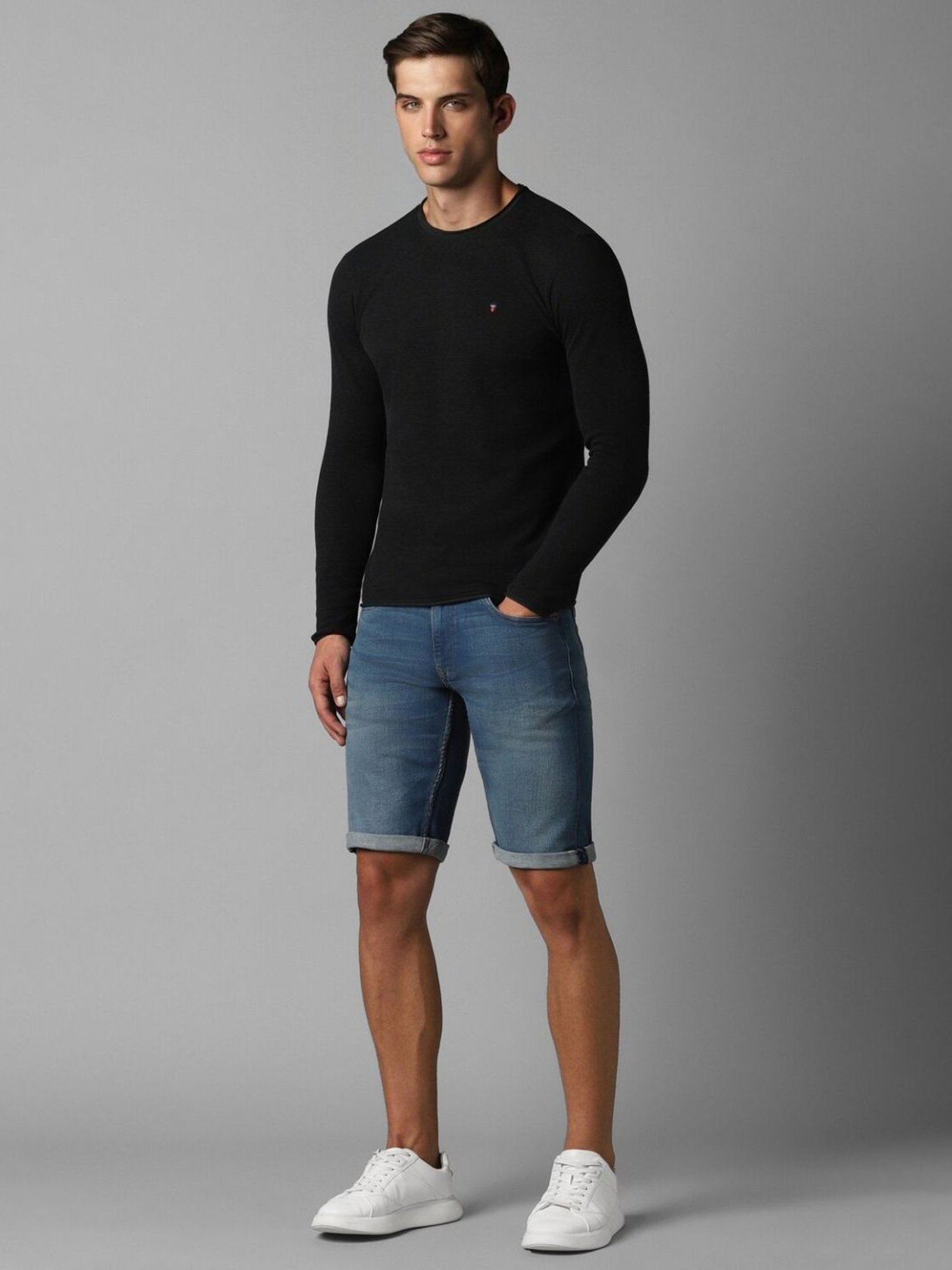 Louis Philippe Black Cotton Slim Fit Textured T-Shirt