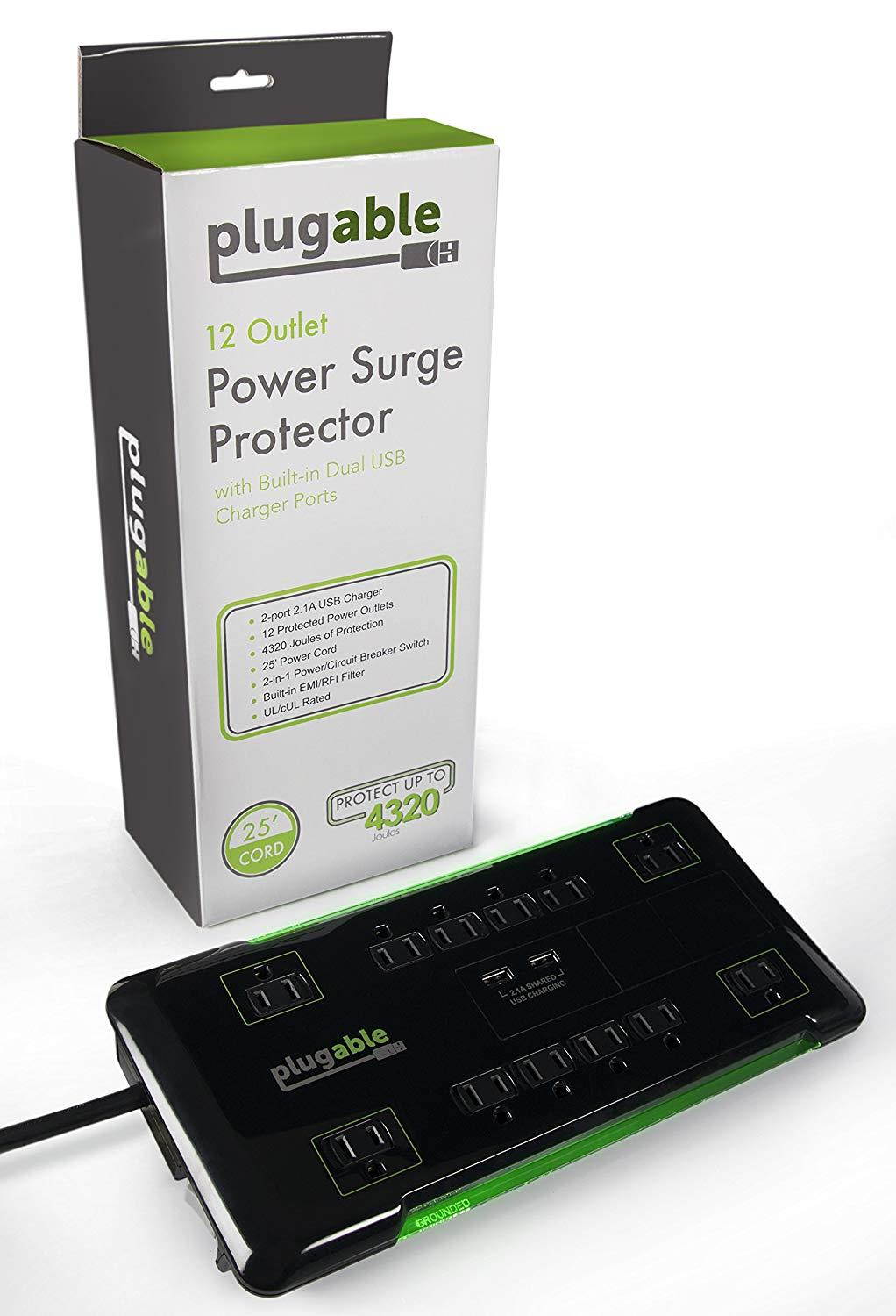 Plugable 12 AC Outlet Surge Protector - 25 Foot Power Cord with 2 Built-in USB Ports (10.5W USB Total) (Black)