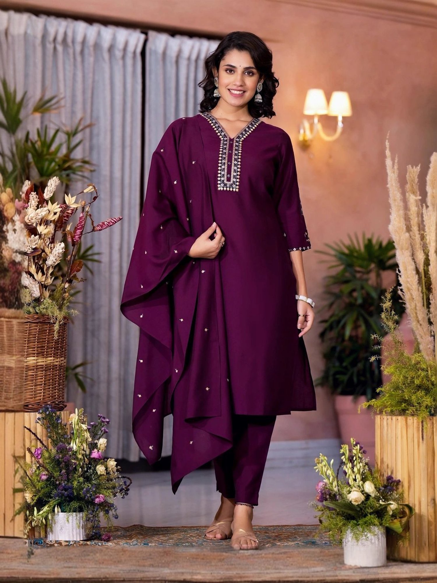 Juniper Maroon Embroidered Kurta Pant Set With Dupatta