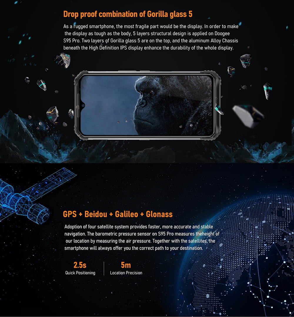 DOOGEE S95 PRO 8+256GB Rugged Smartphone Unlocked Outdoor 4G, Helio P90 Phones Dual SIM, Android 9.0 IP68 Waterproof, 48+8+8+16MP AI Cameras, 6.3 inch, 5150mAh+3500mAh, GPS/NFC/Wireless Charge