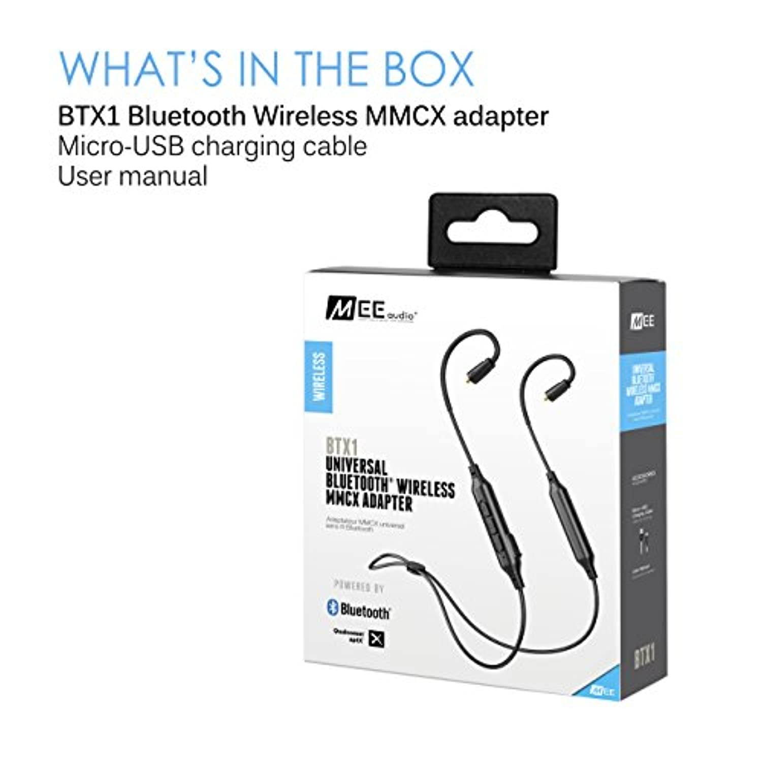 MEE audio BTX1 Bluetooth wireless universal MMCX adapter cable with Qualcomm aptX technology, microphone, and remote (Black) (BTA-BTX1-BK)