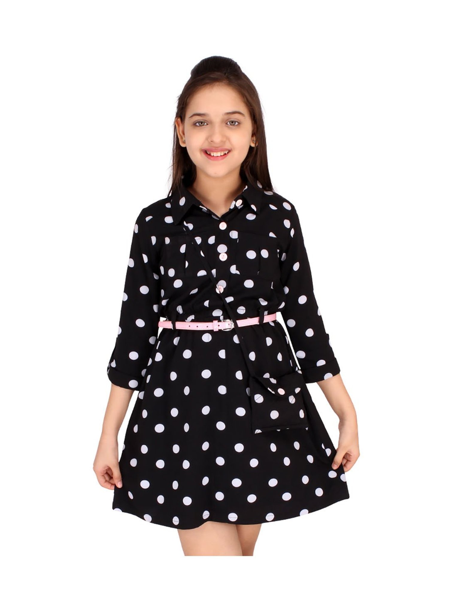 Cutecumber Kids Black Printed Dress, Belt with Bag