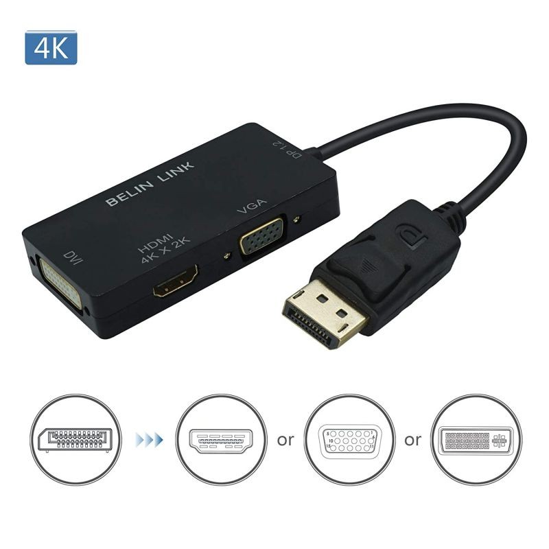 DP to HDMI VGA DVI Adapter Displayport to HDMI 4K Adapter 3 in 1 Display Port to HDMI VGA DVI Converter Male to Female Gold-Plated (Diamond Shaped) (4K Rectangle Black)