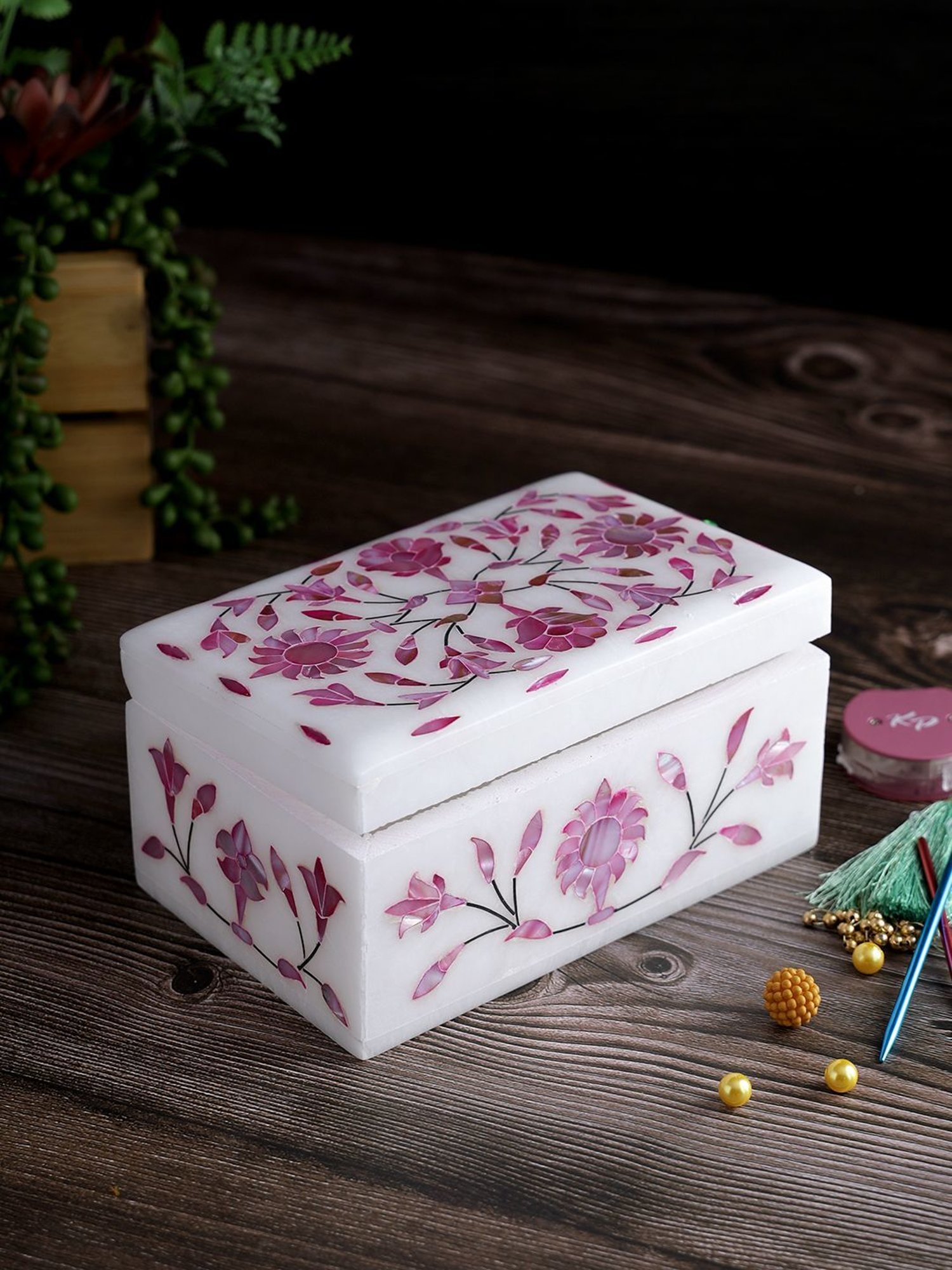 Aapno Rajasthan Pink & White Marble Multiusage Box