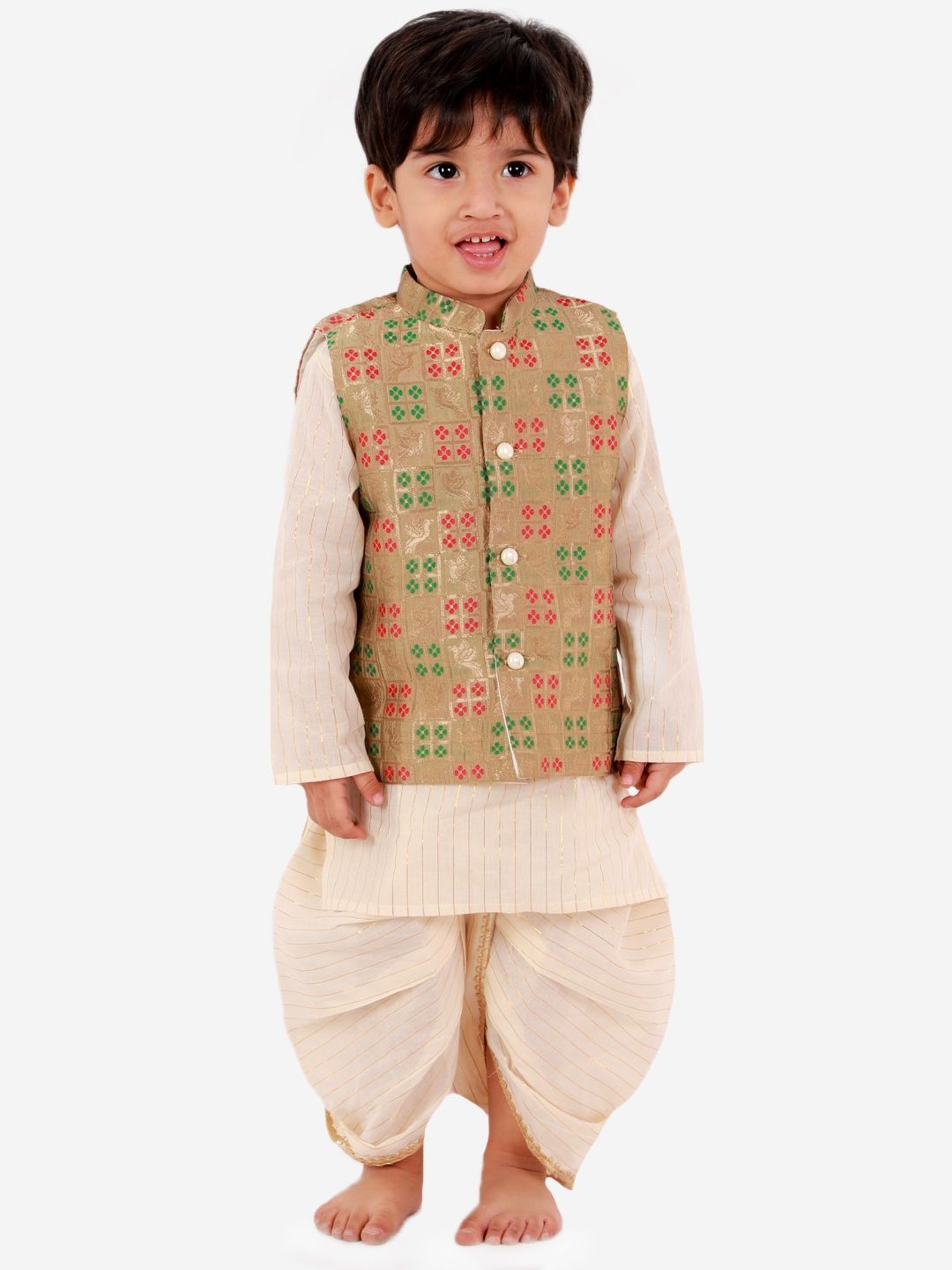 Little Bansi Kids Beige Cotton Zari Work Kurta Set