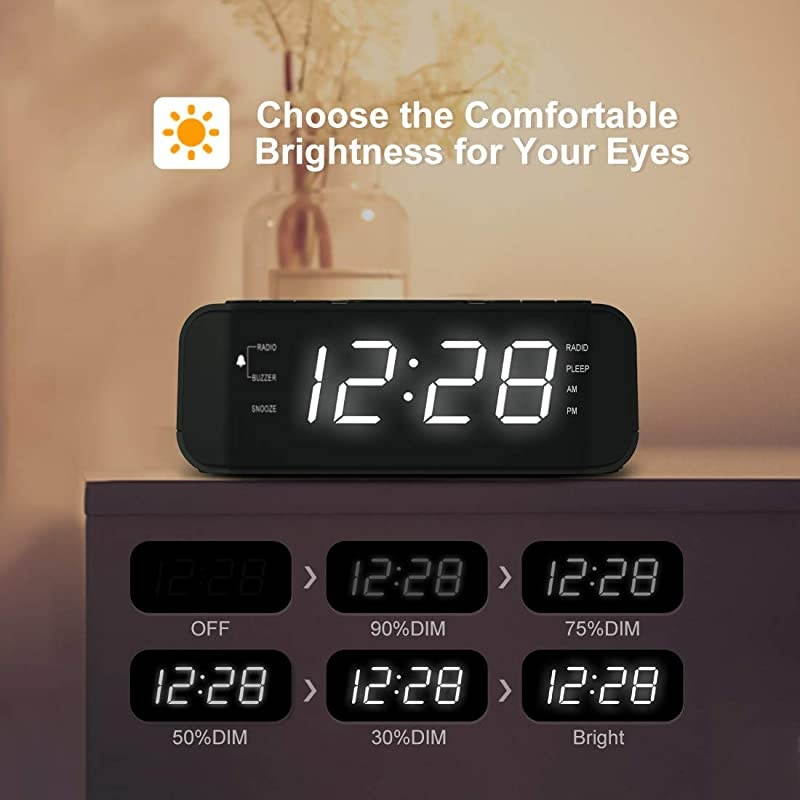 Digital Radio Alarm Clock with Wireless Charging USB Port Large Dimmable LED Display Sleep Timer 2 Wake up Sounds Adjustable Loud Volume Snooze 1224H Modern FM Clock for Bedrooms